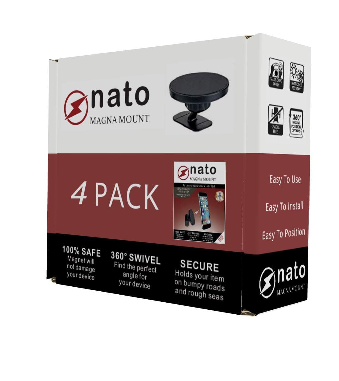 Nato Magna Mount [4 Pack] Magnetic Car Mount Holder for iPhone X 8 7s 6s Plus 5s Samsung Galaxy S8 Edge S7 S6 Note 5 Note 4, Any Cell Phones or Tablets, Universal 360 Degree, Devices Less than 2 Ib