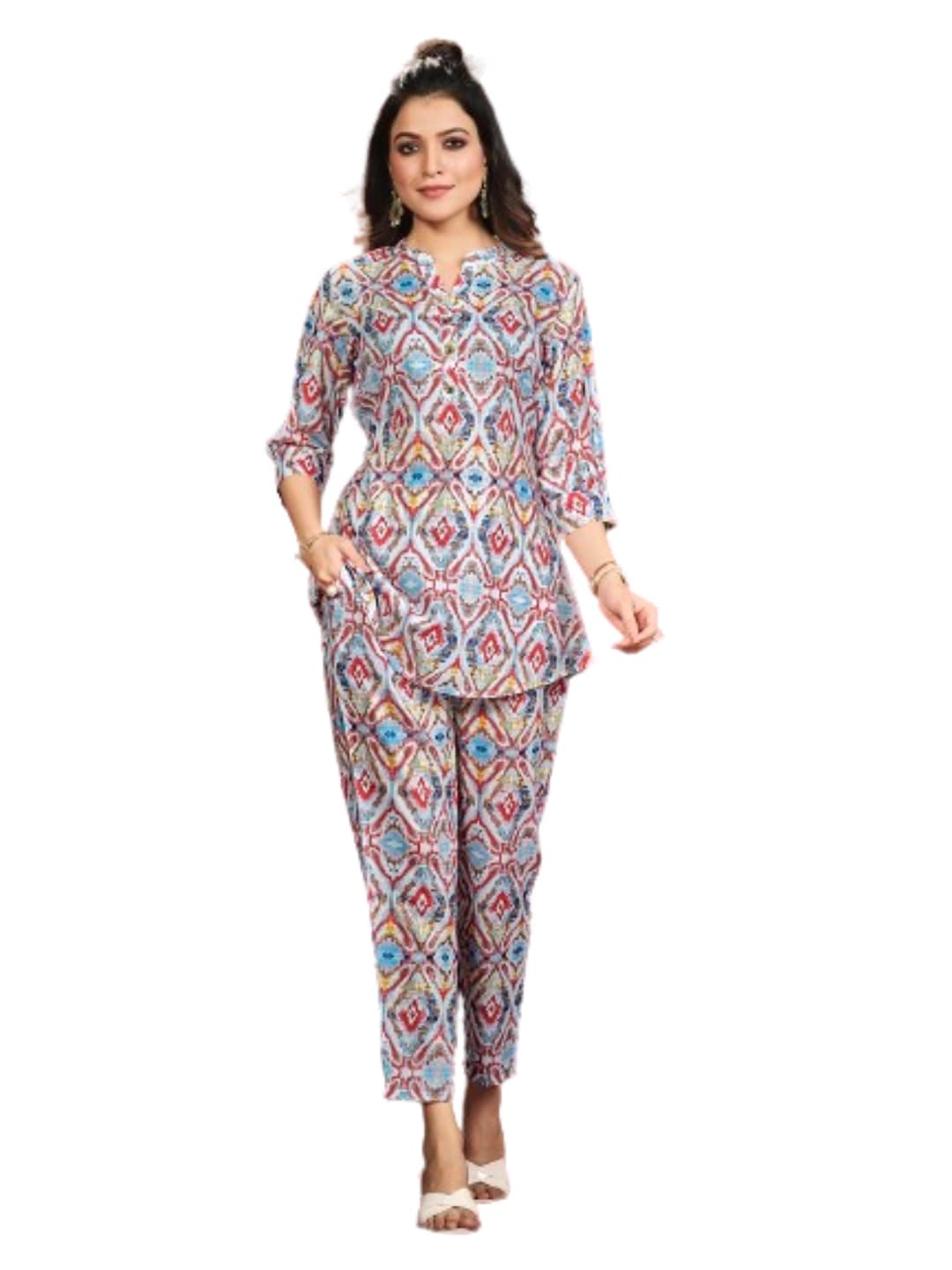 NAINVISH Women's Polyester Printed Cord Set | Ethnic Co Ord Set | Casual Wear Pant Top Set | Fancy Co-Ord Set | Full Pair Set | Kurta Sets Kurtis | Kurta Pant Set | Coord Sets