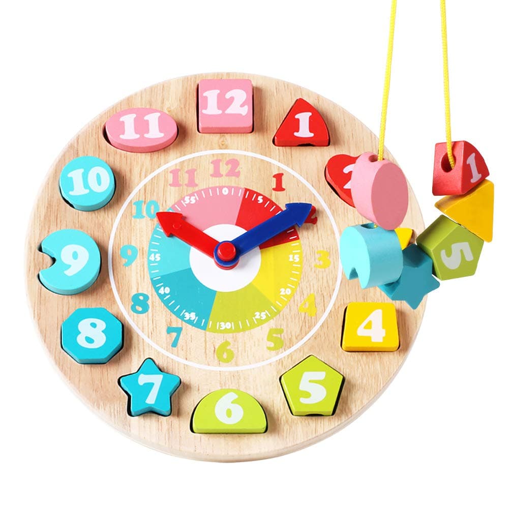 GEMEM Toddler Clock Toy Wooden Shape Sorting Teaching Time Number Puzzle Lacing Block Early Learning Educational Toys for Toddlers Boys Girls 3 4 5 Years Old