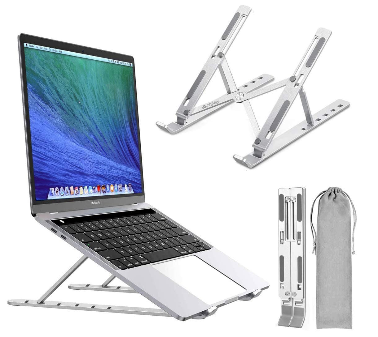 Artikel® Uni-Lite+ Laptop Stand with Carry Pouch | 6 Height Adjustable Riser for desk | Increased Laptop Ventilation | Ergonomic Foldable & Portable | Universally Compatible | Silver