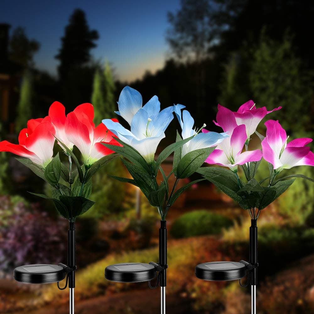 3 Pack Solar Flower Lights –Outdoor Decorative Garden Stake Lights, Color Changing with 9 Kaffir Lily Lights for Patio/Yard Decoration