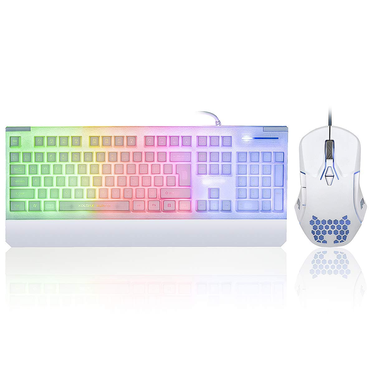 White Gaming Keyboard and Mouse Combo Colorful lights Rainbow LED Backlit Keyboard with Ergonomic Detachable Wrist Rest, Programmable 3000 DPI 7 Button Gaming Mouse for Windows PC Mac Office/Gaming