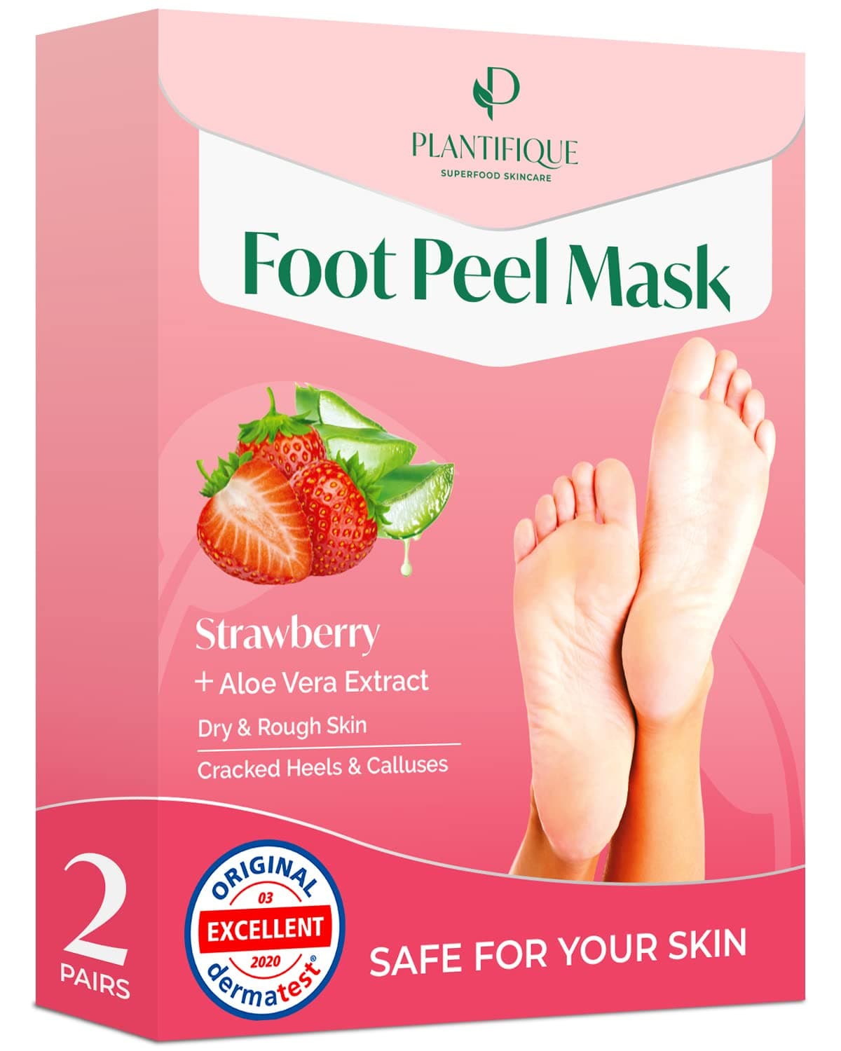 Plantifique Foot Peel Mask – 2 Pairs Exfoliating & Dermatologically Tested Foot Treatment, Removes Dead Skin & Repairs Heels for Soft Feet – Strawberry Scent, Gift for Women & Men