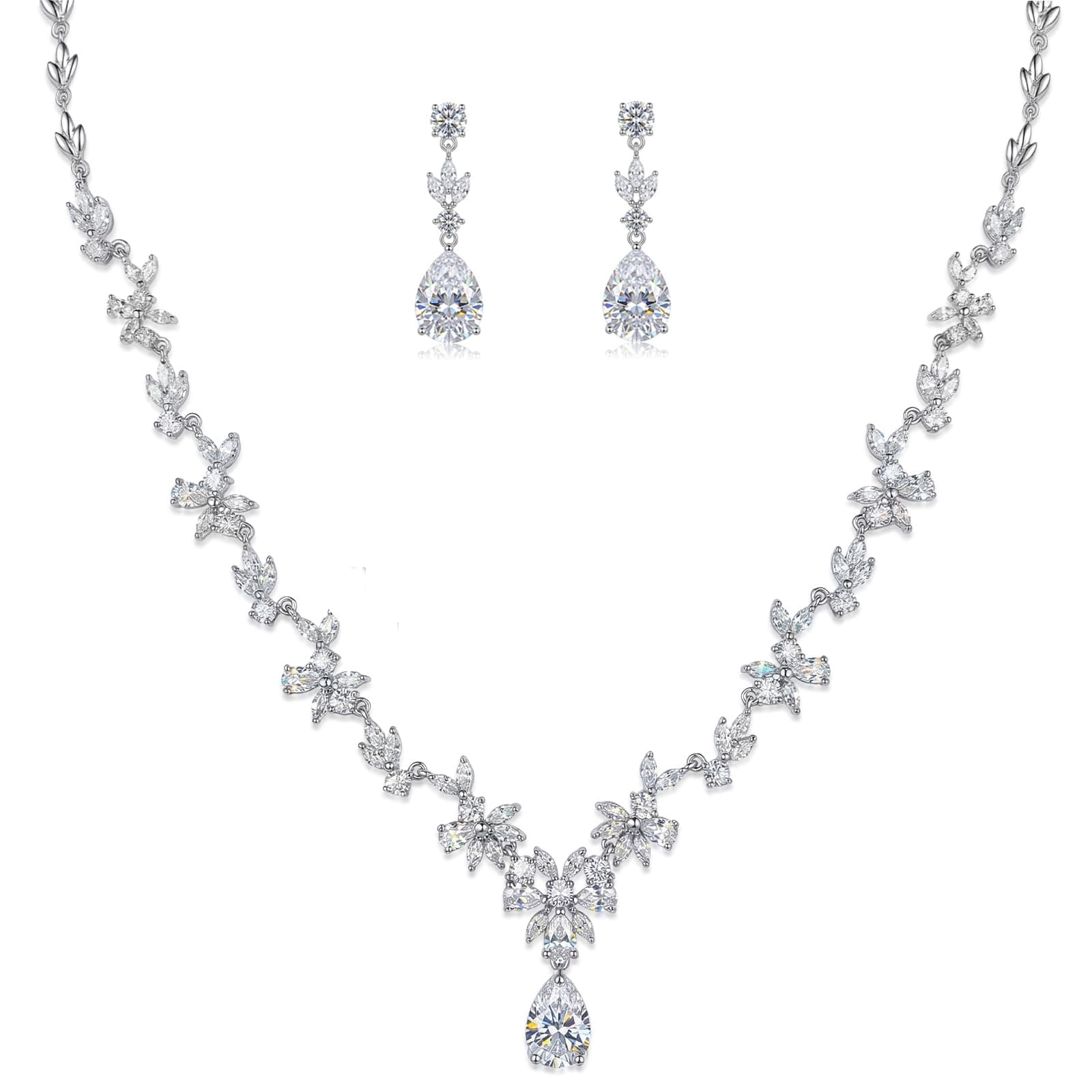 Jewelry Set for Women, Necklace Dangle Earrings Bracelet Set with White AAA Cubic Zirconia, Allergy Free Wedding Party Jewelry for Bridal Bridesmaid