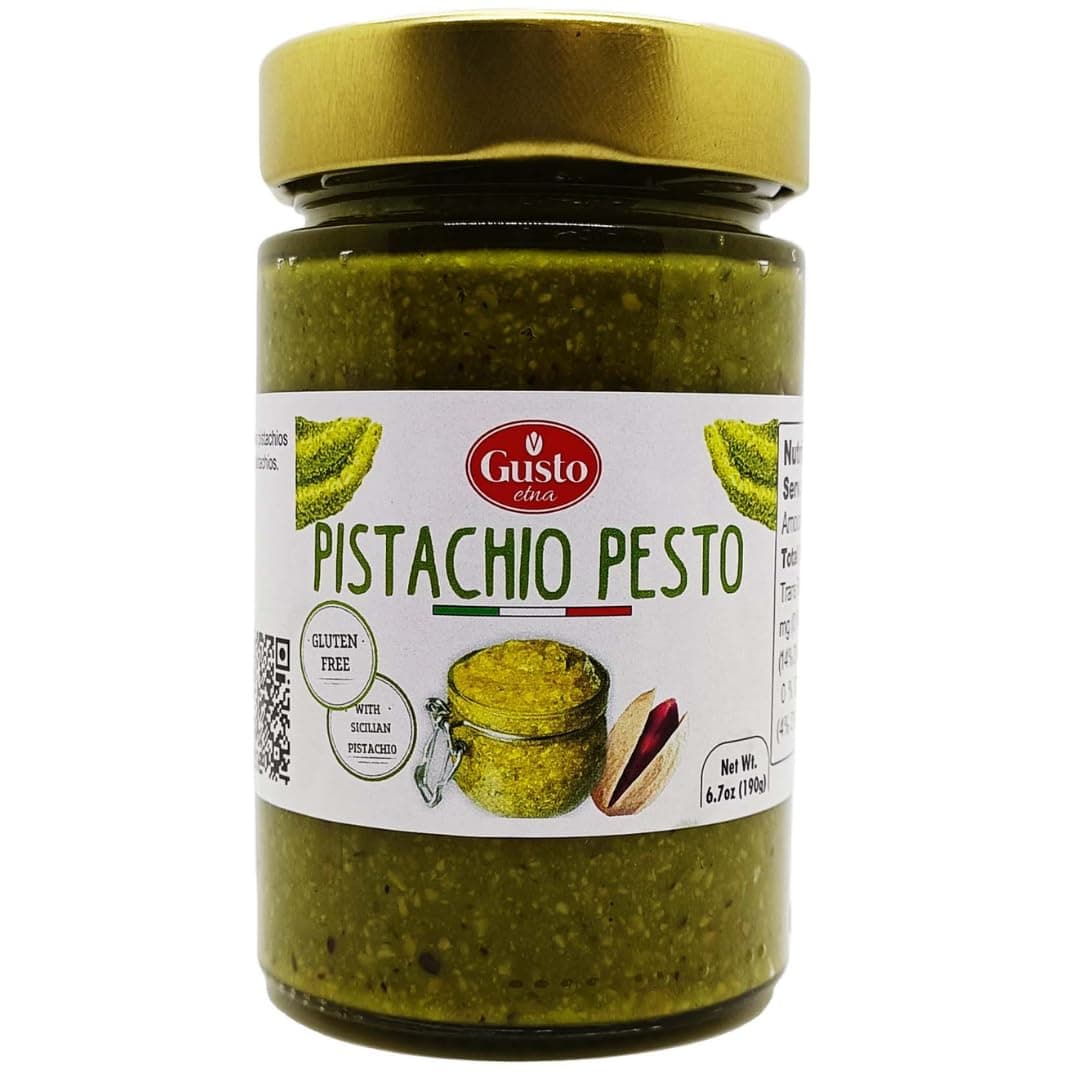 GUSTO ETNA Sicilian Pistachio Pesto, Paste, Unsweetened, 6.7 oz (190g), Salty Pistachio Pesto, Great as toppoing or Pasta sauce, Made in Bronte Siciliy, Product of Italy, Non GMO