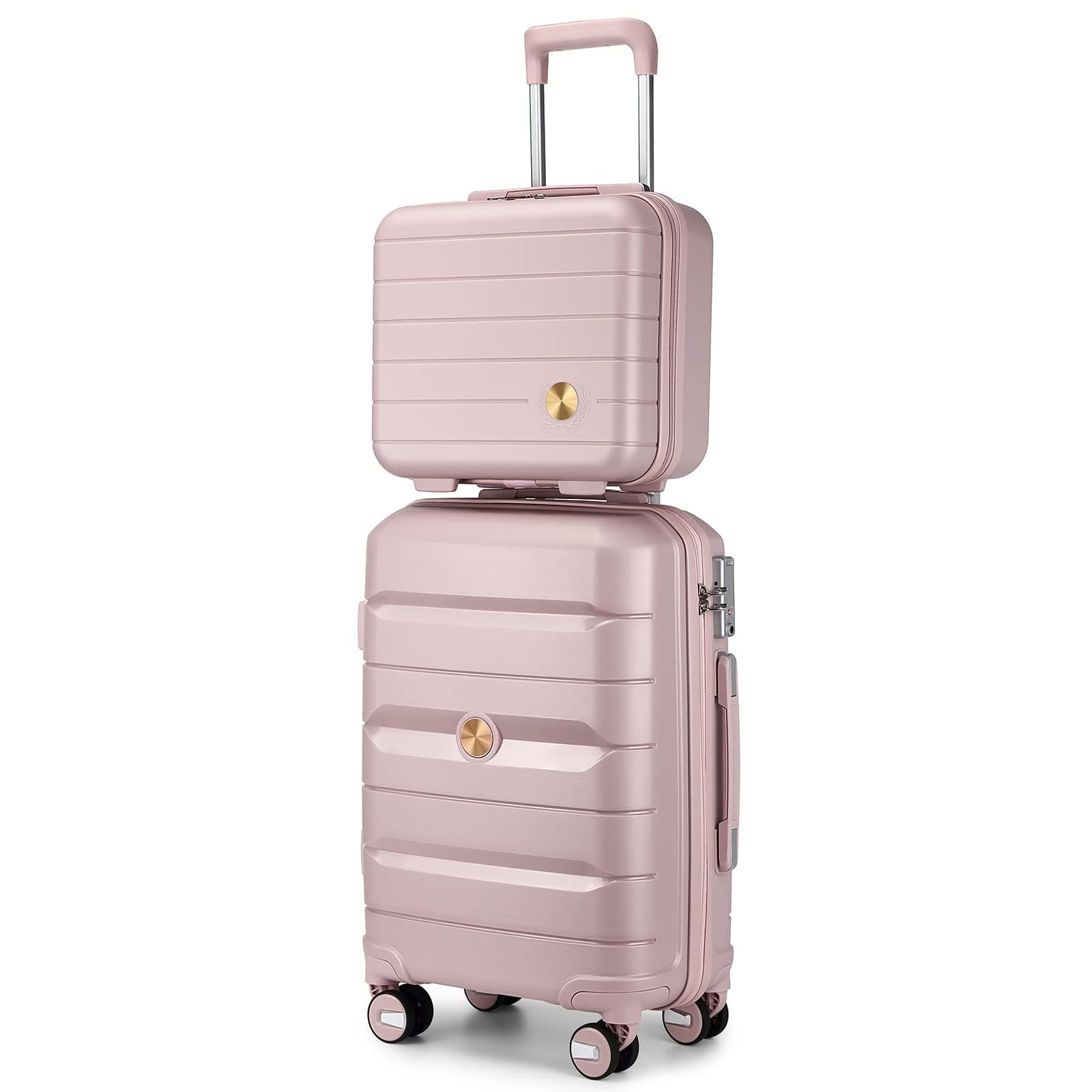 Somago 20" Carry On Luggage and 14" Mini Cosmetic Cases Travel Set Lightweight Polypropylene Suitcase with TSA Lock YKK Zipper Hardside Luggage with Spinner Wheels (2 Piece Set, Nude Pink)
