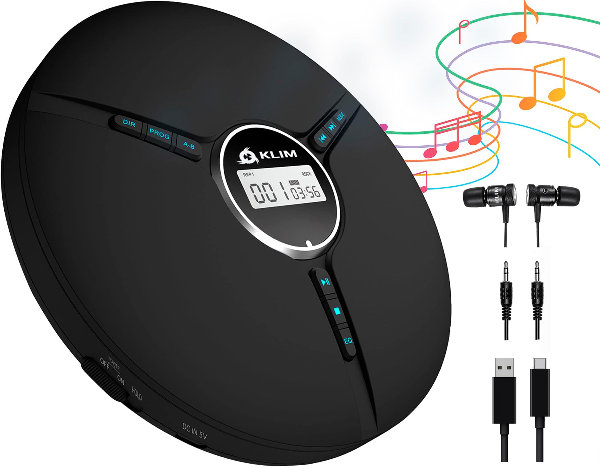 KLIM Discman Portable CD Player with Headphones, Built-in Battery - New Version - CD Players for Home, Car - Compatible w/SD Card, CD-R, CD-RW, MP3, WMA - 5 EQ Effects - Black