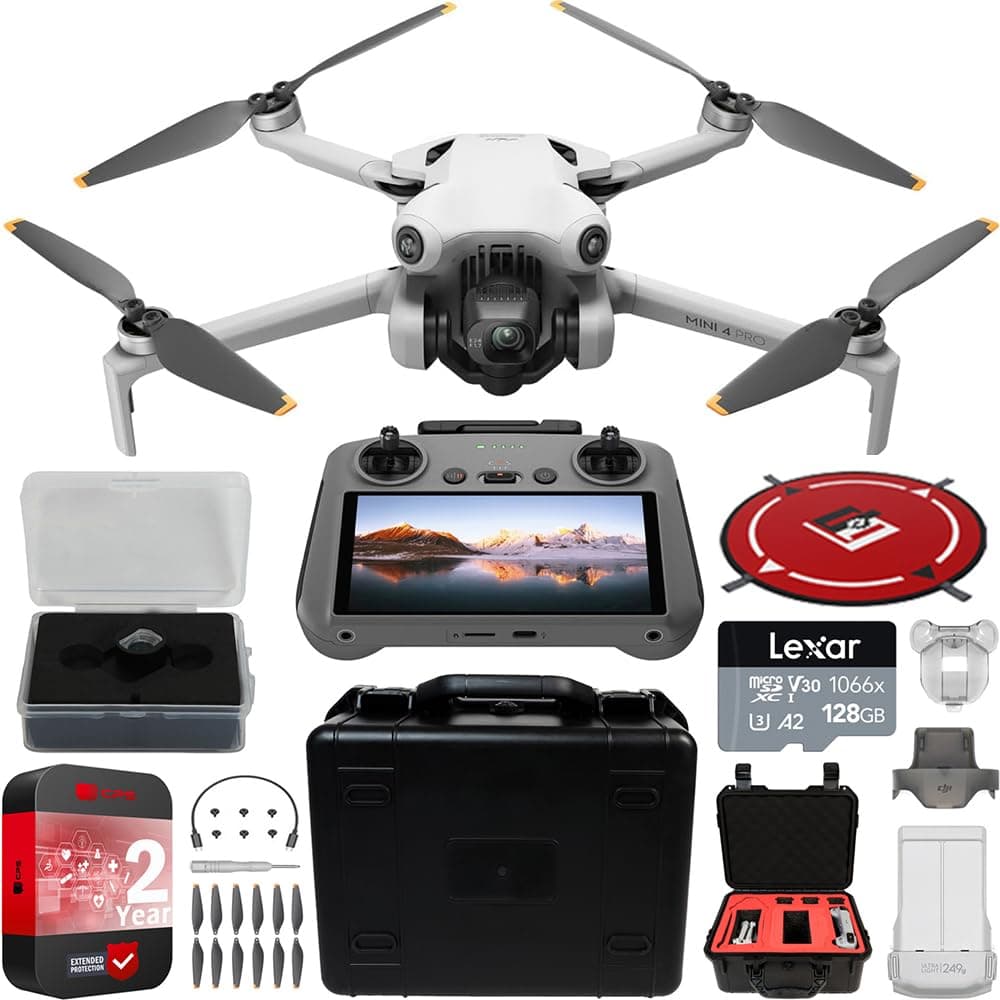 Mini 4 Pro Folding Drone with RC 2 Remote (With Screen) 4K HDR Video Camera for Adults, Under 249g, Omnidirectional Sensing Bundle with Deco Gear Custom Hard Case + Wide Angle Lens & Accessories