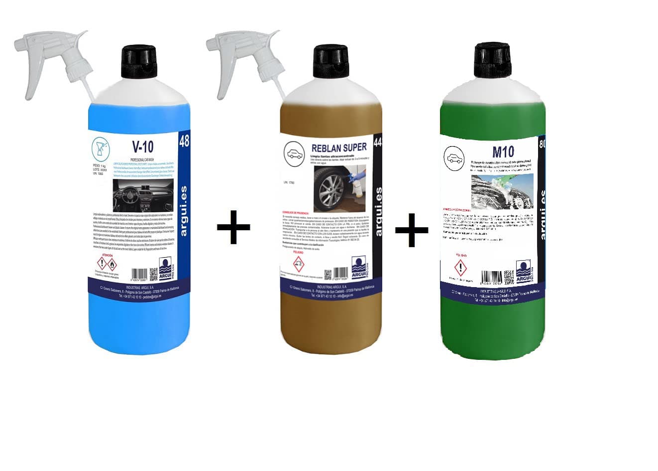 REBLAN SUPER + M10 + V10. Professional Pack. Cleans rims, Acid-Free, Professional Concentration. No Rubbing + Neutral Bodywork Detergent + Cleans Windows and Dashboard. 1-Litre Bottles.