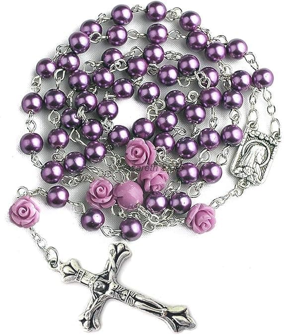 Nazareth Store Catholic Purple Pearl Beads Rosary Necklace 6pcs Our Rose Lourdes Medal & Cross NS
