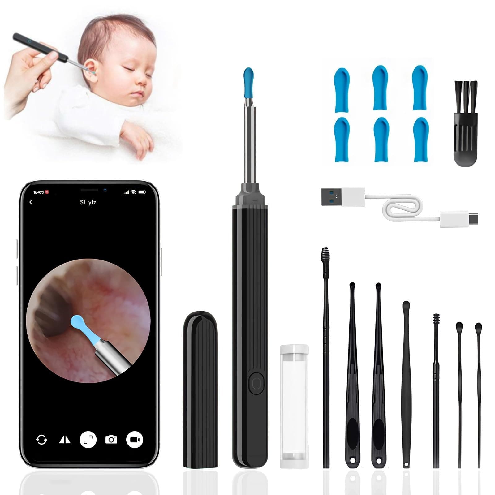 Ear Camera, GuangTouL Ear Wax Removal Kit, 1296P HD Ear Camera and Wax Remover, Rechargeable Earwax Removal kit with 8 Pcs Ear Set Tool, Ear Cleaning Kit with Lights for iPhone, iPad, Android Phones