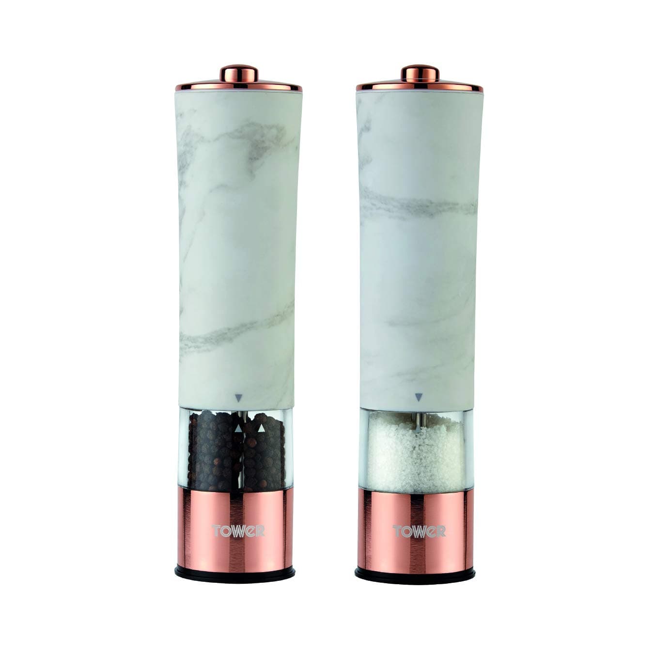 Tower Marble Rose Gold Electric Salt and Pepper Mill with LED Light, Battery-Operated Grinding Mechanism, White Marble and Rose Gold
