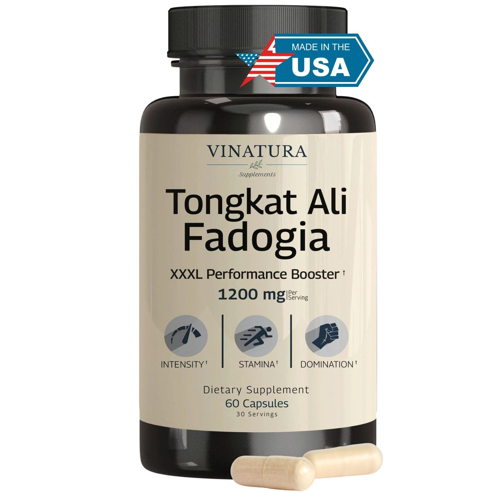 Tongkat Ali Fadogia Agrestis - 1200mg, Enhanced with Nitric Oxide Booster Supplement, Longjack Tongkat Ali for Men, *USA Made and Tested*, 60 Capsules