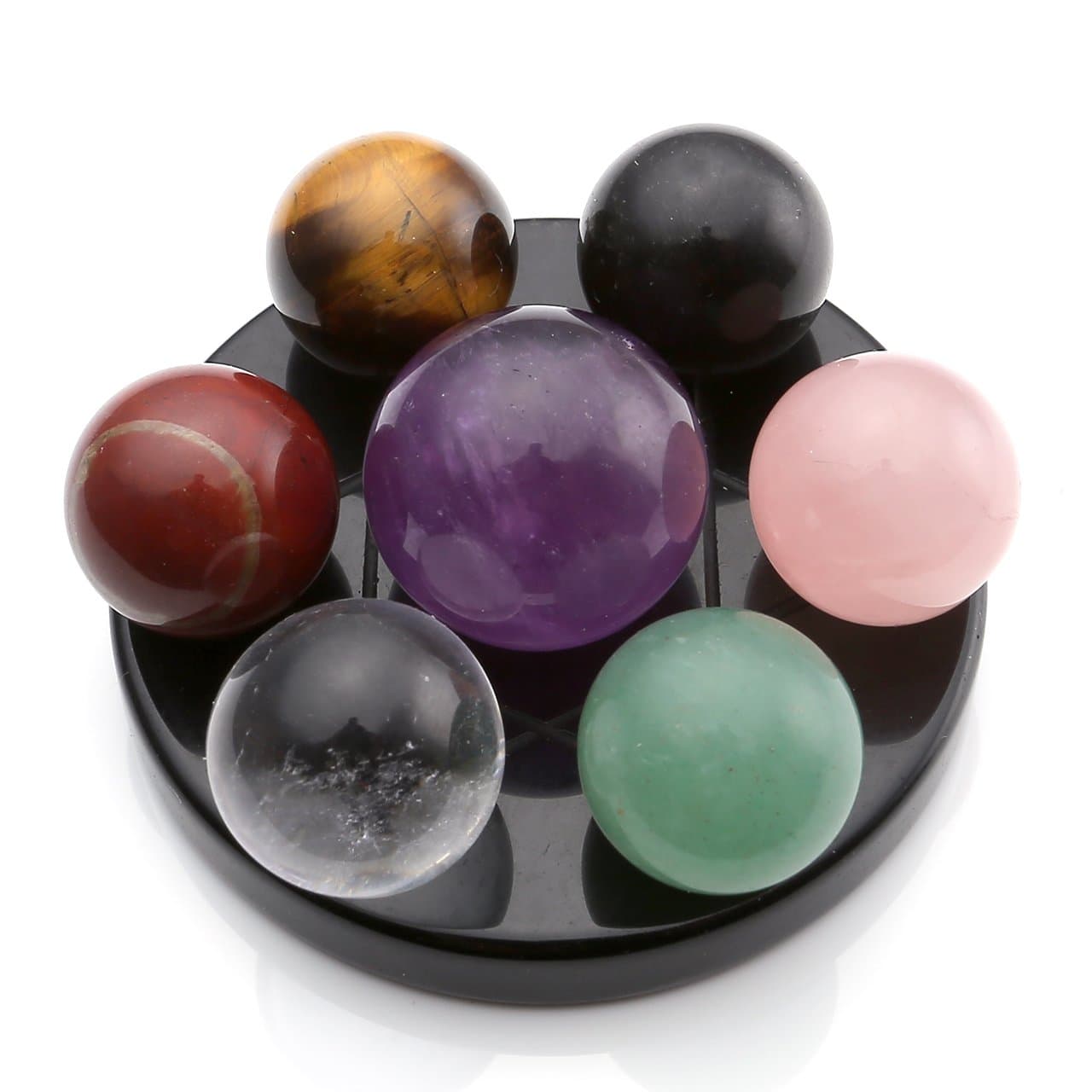 QGEM Natural Healing Gemstone Sphere Round Seven Networks 7 Chakras Stones Ball and Tray Set for Home Decoration/ Feng Shui /Table/ Office/ Living Room-15mm