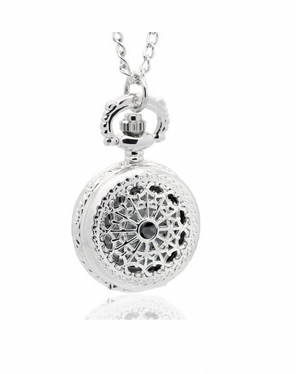 RSSP Mini Silver Cobweb Vintage Hollow Flower Pocket Watch Necklace Chain Pendant