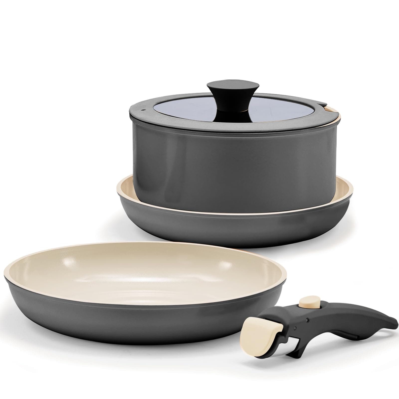 Non Stick Pots and Pans Set with Removable Handle, Ceramic Cookware Set Detachable Handle, 5pcs Induction Kitchen Camping Stackable Pots Pans, Dishwasher/Oven Safe, Black, PTFE/PFOA/PFAS-Free