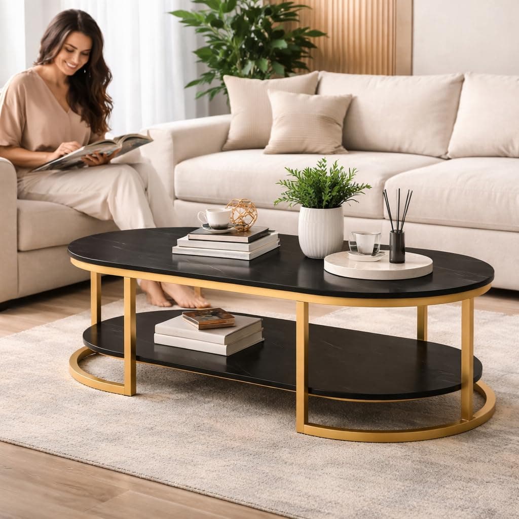 Vital Luxury Coffee Table for Living Room | Modern Black & Gold Center Table | Premium Living Room Furniture | Stylish Tea Table with Durable Top | L120 x W60 x H45 cm