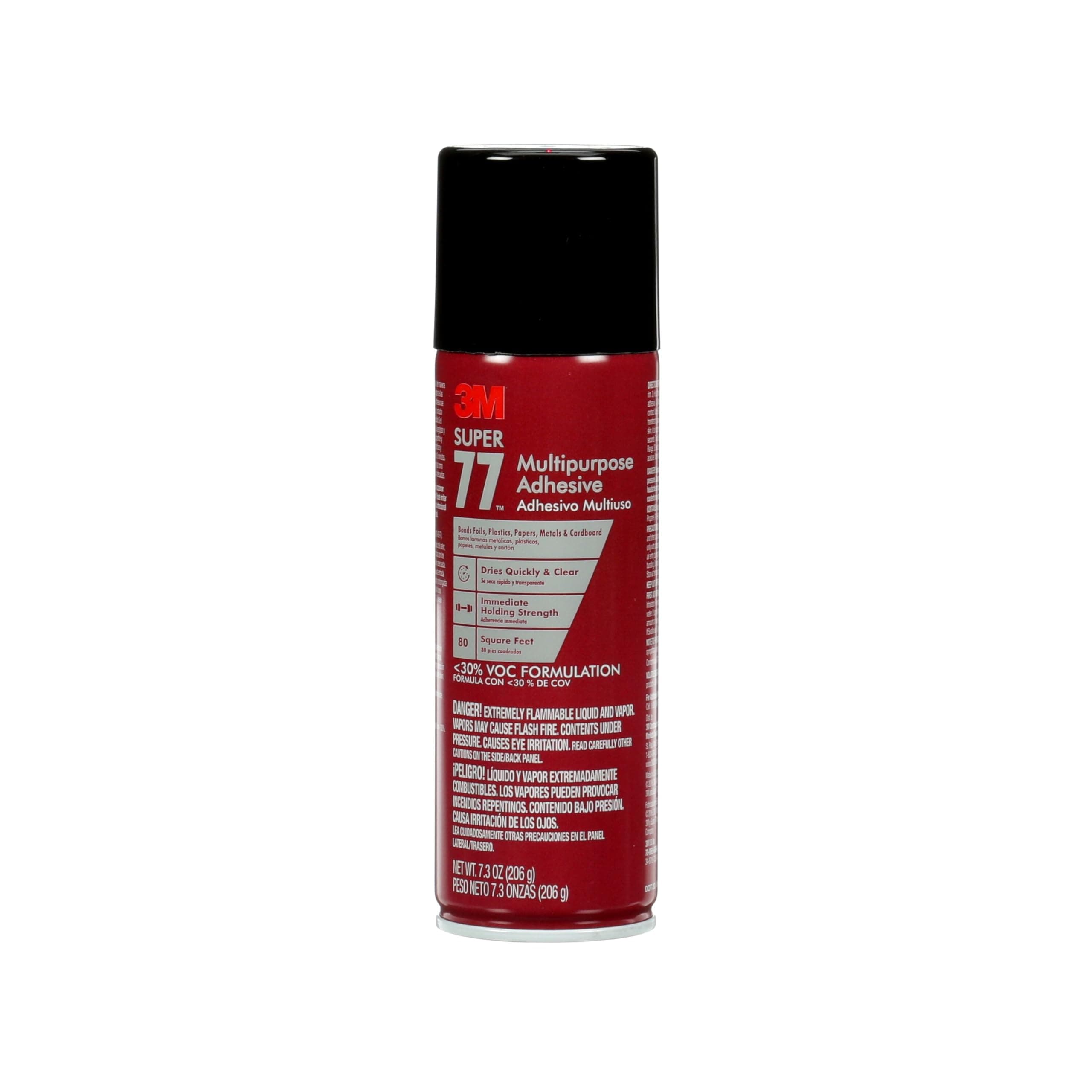 Super 77 Multipurpose Spray Adhesive, Low VOC, 7.3 oz., Meets California VOC requirements, Use on Wood, foam, Fiberglass, Glass, Leather, Paper, Plastic, Rubber, Fabric (77-10VOC30)