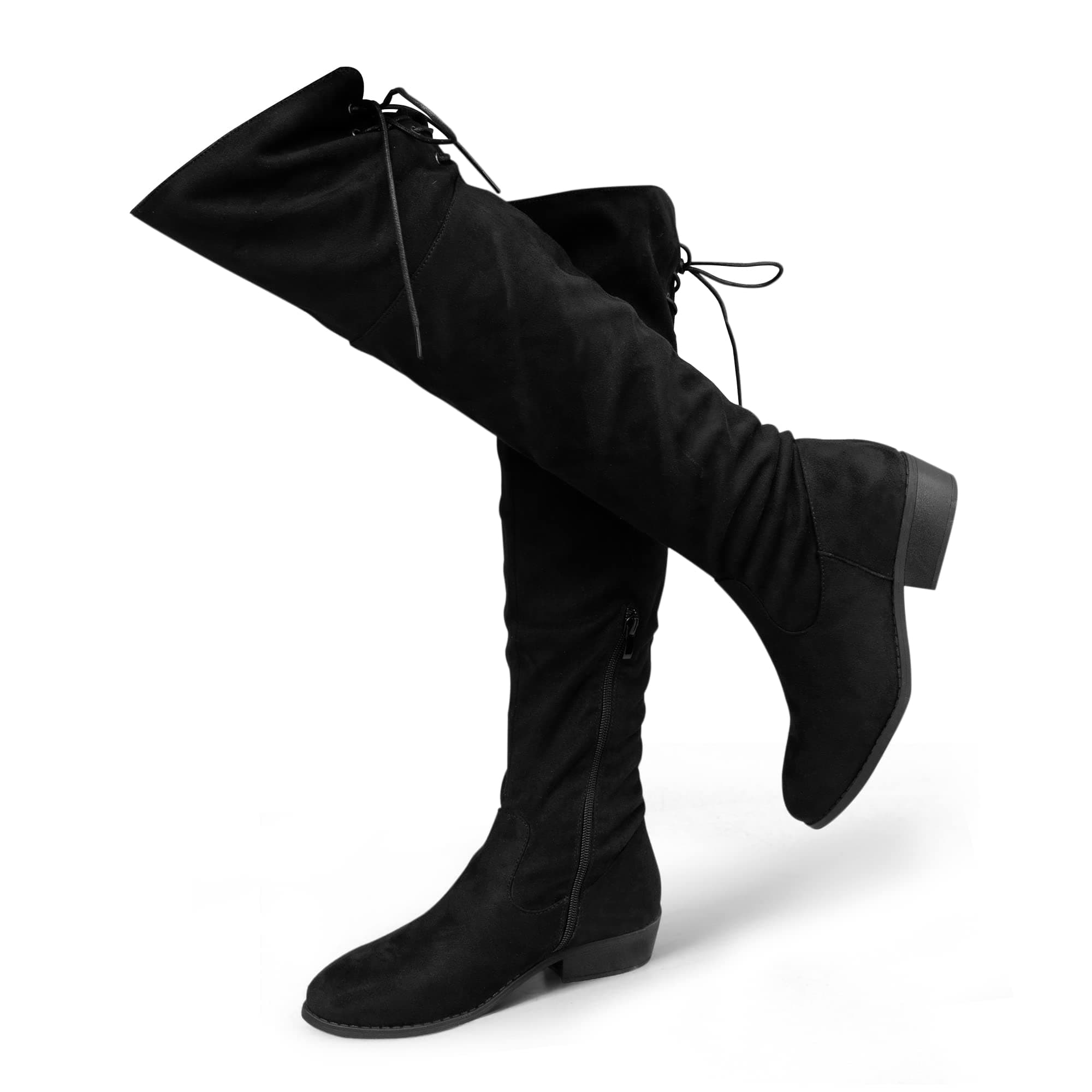 Hawkwell Women's Thigh High Fashion Boots Over The Knee Black Low Flat Heel Boots
