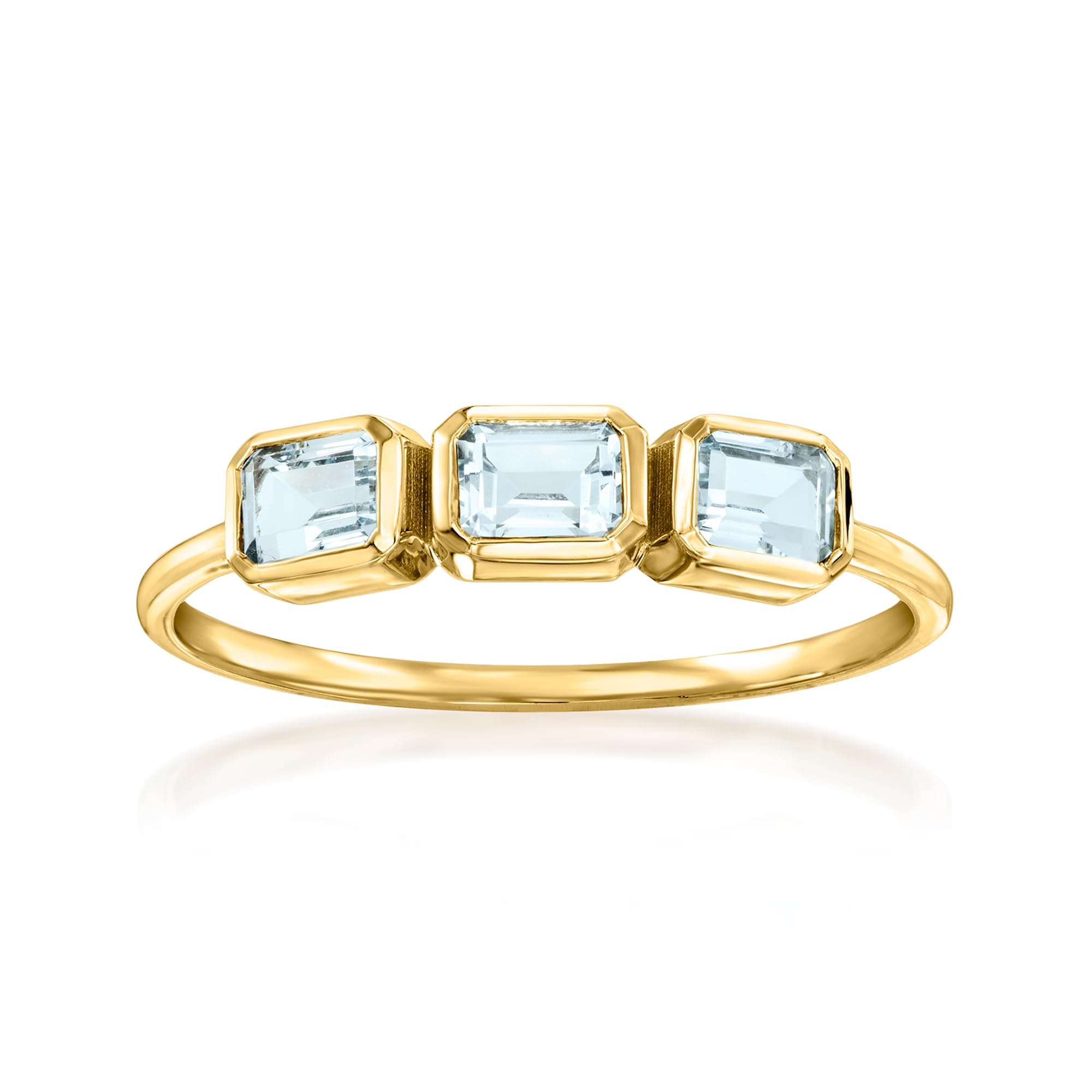 RS Pureby Ross-Simons 0.70 ct. t.w. Aquamarine 3-Stone Ring in 14kt Yellow Gold. Size 8