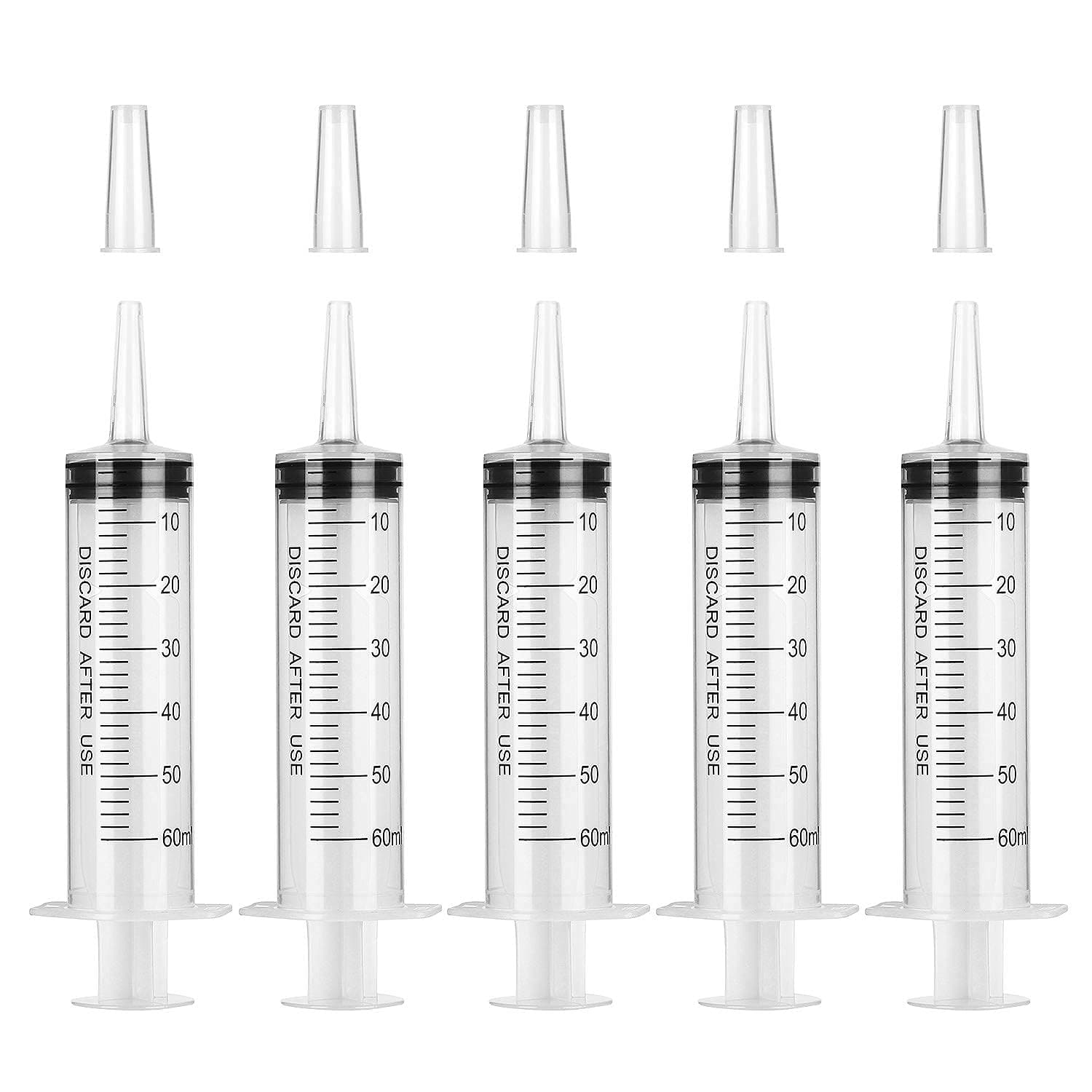 Syringes 60ml (50ml), 5 Pcs Plastic Syringe with Catheter Tip for Scientific Labs, Liquid Measuring & Dispensing, Animal Feeding, Plant Watering