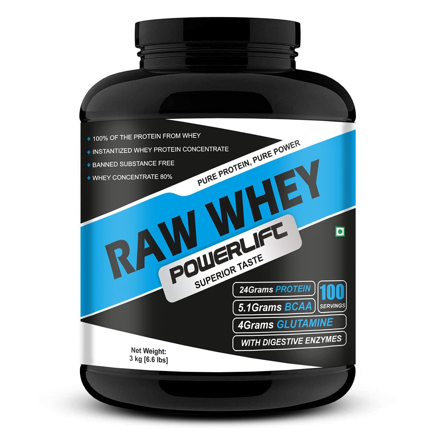 PowerLift Raw Whey [3Kg/6.6Lbs] 24G Protein, 5.1G BCAA | Raw Whey From USA | With Digestive enzymes| High in Protein & BCAA(100 servings)