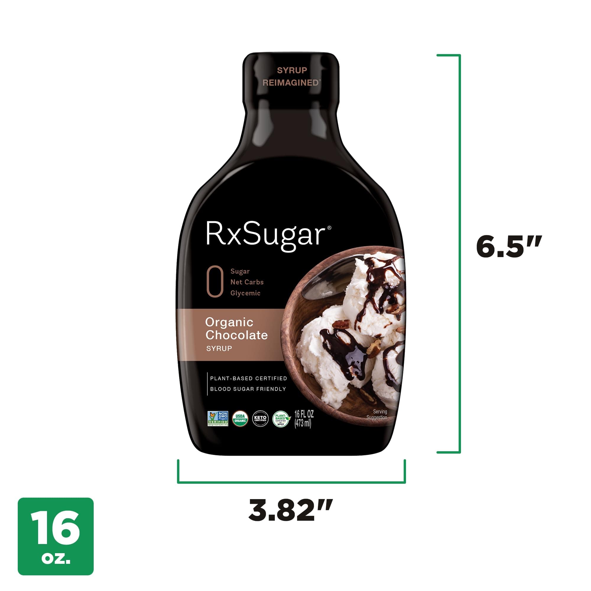 RxSugar Delicious Organic Plant-Based Chocolate Syrup, 16 Oz | Alulose Sweetener | 0 Sugar, 0 Net Carbs, 0 Glycemic | Diabetes Safe | Keto Certified | Verified