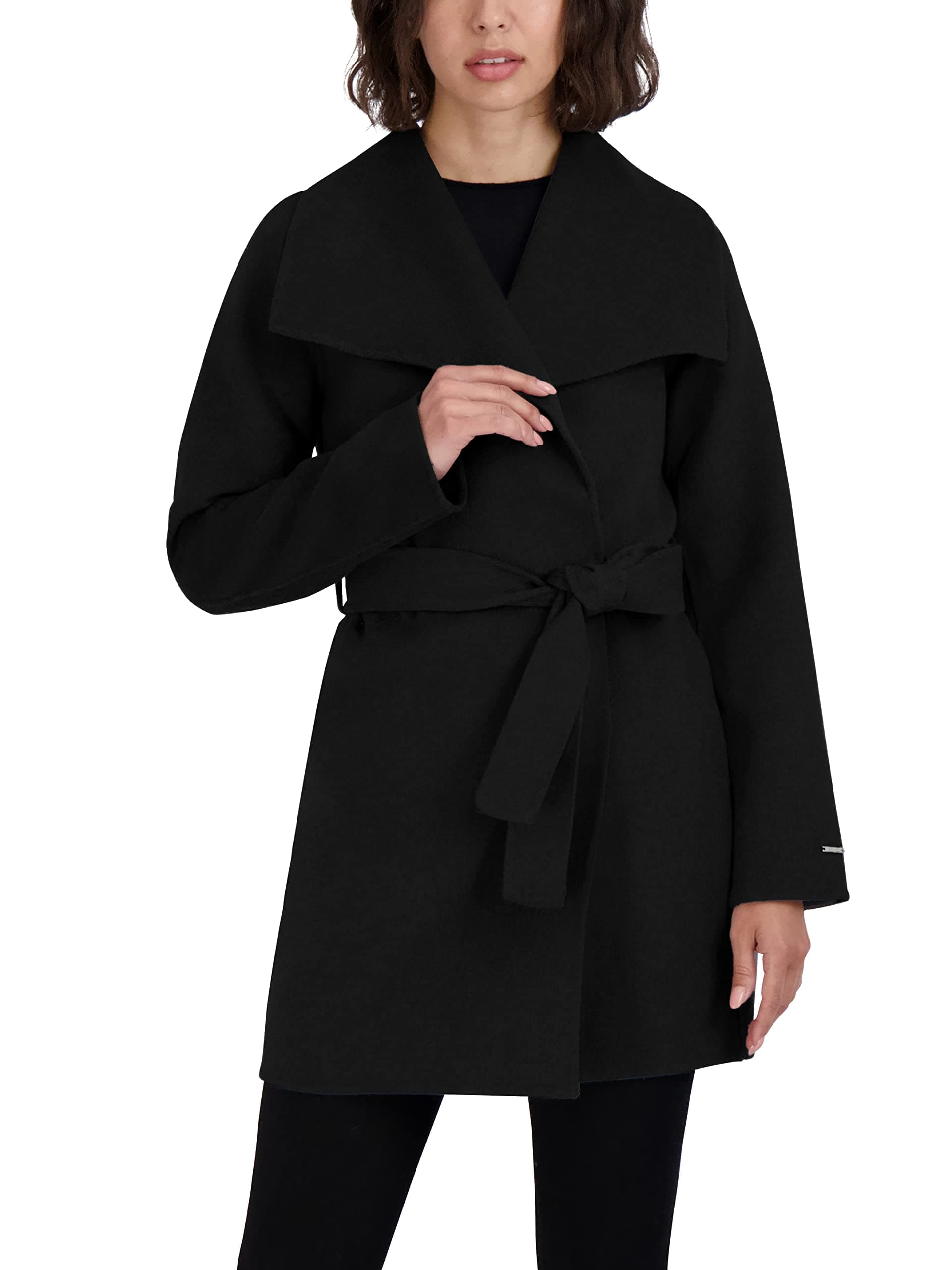 TAHARIWomen's Ella Lightweight Double Face Wool Wrap Coat with Tie Belt