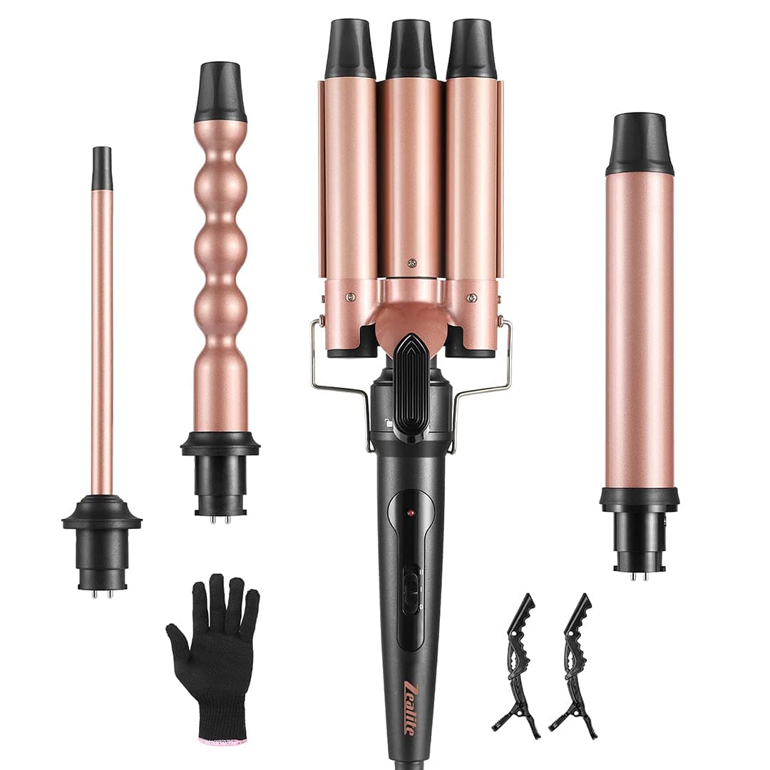 Curling Wand Set, Zealite 4 in 1 Curling Iron Set with 1'' 3 Barrel Hair Waver & 3 Interchangeble Barrel 0.35''-1.25'',Hair Crimper with Glove & 2 Hair Clips
