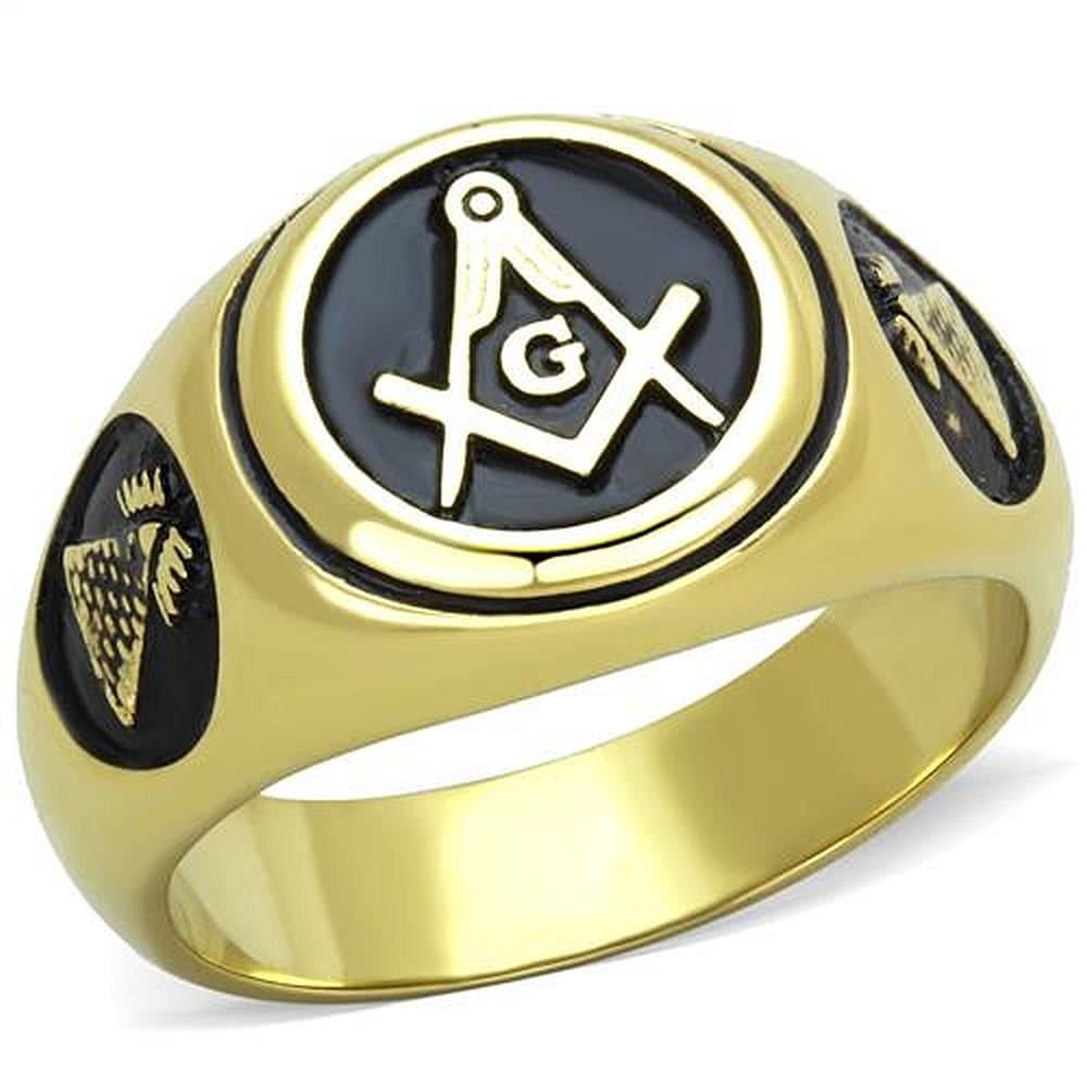 Nationalonlinediscounts Stainless Steel Masonic Free Mason Lodge Pyramid Sides Gold Electroplated Round Black Ring Sizes 8,9,10,11,12 & 13