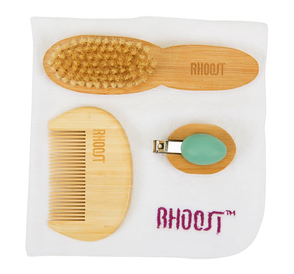 Rhoost All Natural Baby Grooming & Health Care Kit. Includes Bamboo Comb & Brush, Nail Clipper & Cotton Washcloth. Ideal for Infants & Toddlers