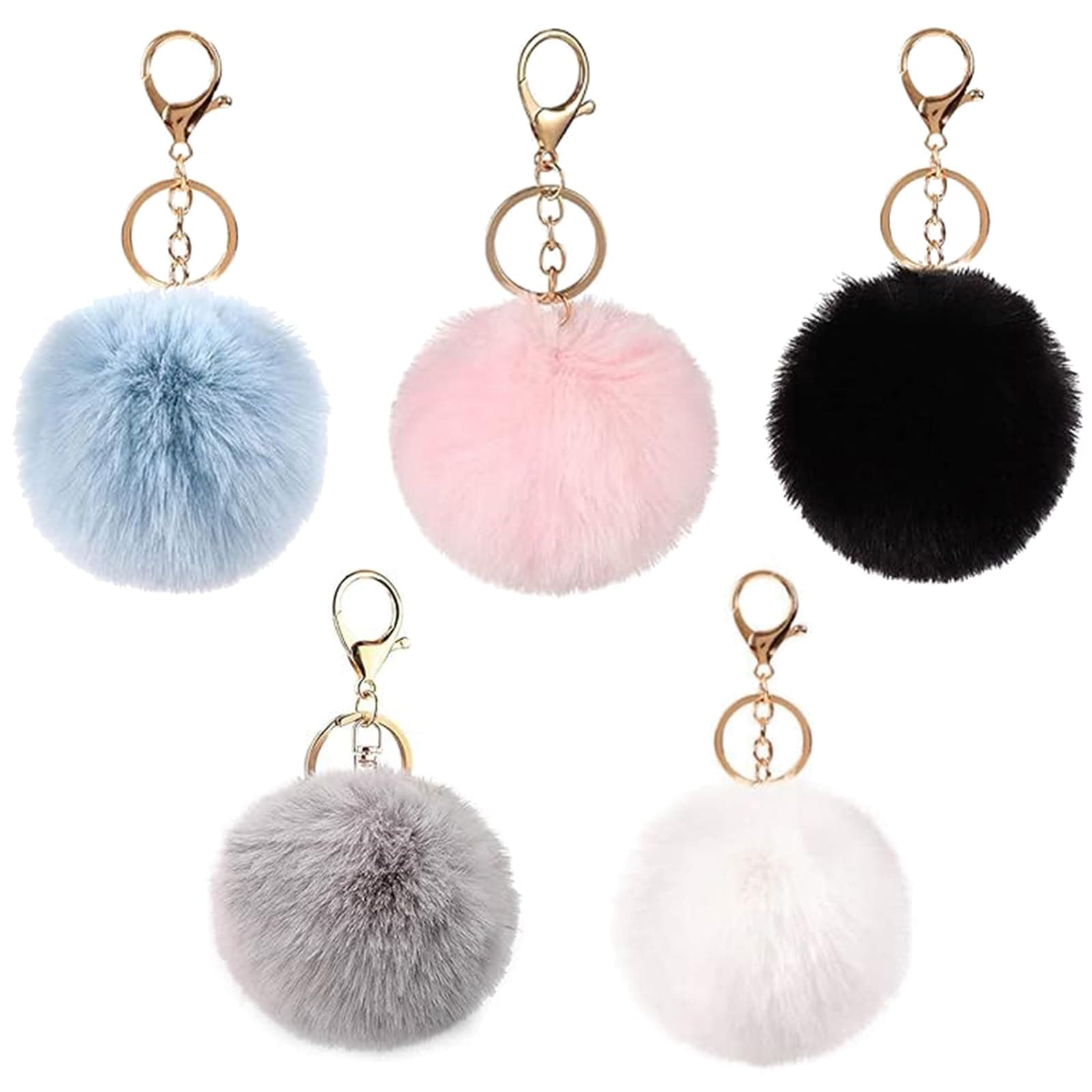 ZYPHONX 5 Pcs Pom Pom Keyrings, Fluffy Keyring Soft Plush Charm Ring Keyfob, Faux Fur Balls Bag Pendant Keychain Decoration for House Key, Backpack for Woman Girls Birthday Mother's Day Gifts (8cm)