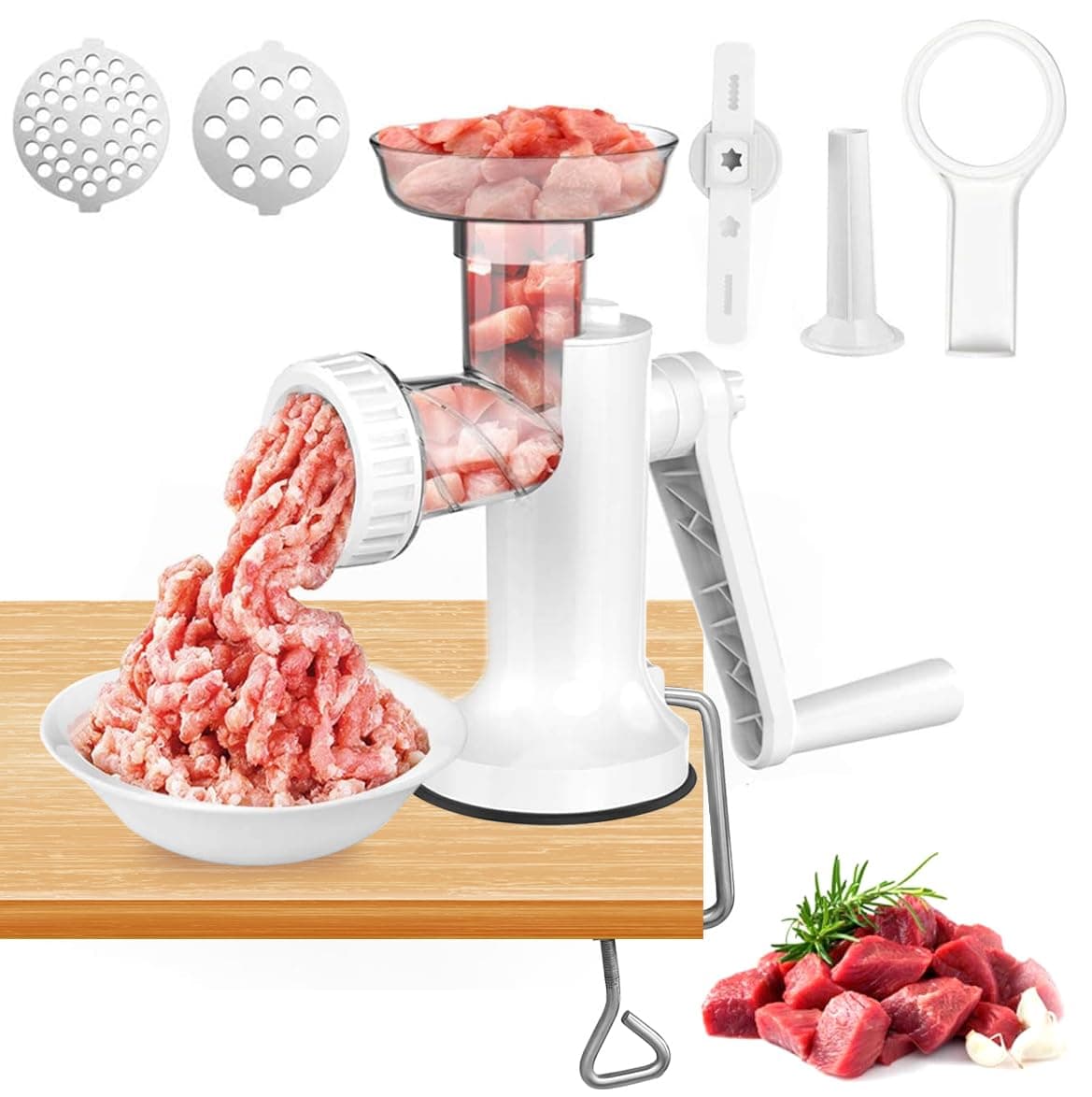 LHS Manual Meat Grinder, Heavy Duty Meat Mincer Sausage Stuffer,Hand Grinder with Stainless Steel Blades for Meat, Sausage, Cookies, Easy to Clean(3 in 1,White)