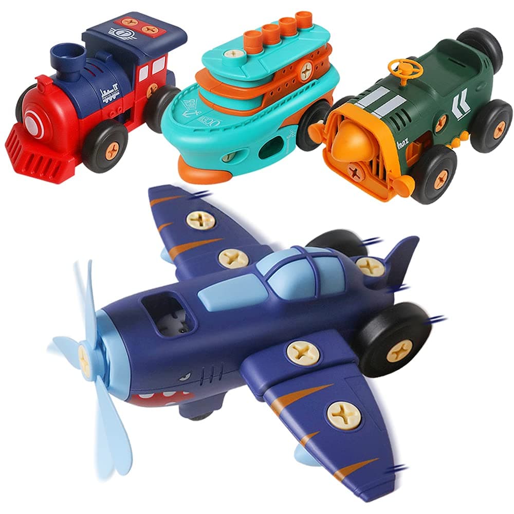 JOCHA Take Apart Airplane Train Car Ship Toys Set Gifts for 3 4 5 6 Years Old Boys Girls DIY Engineering Educational STEM Building Battery-Operated Assembly Construction Car with Screwdriver Playset