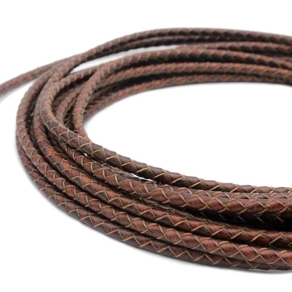 5 Yards 4mm Braided Leather Cord Round Leather Strap for Bracelet Making Bolo Tie Distressed Brown