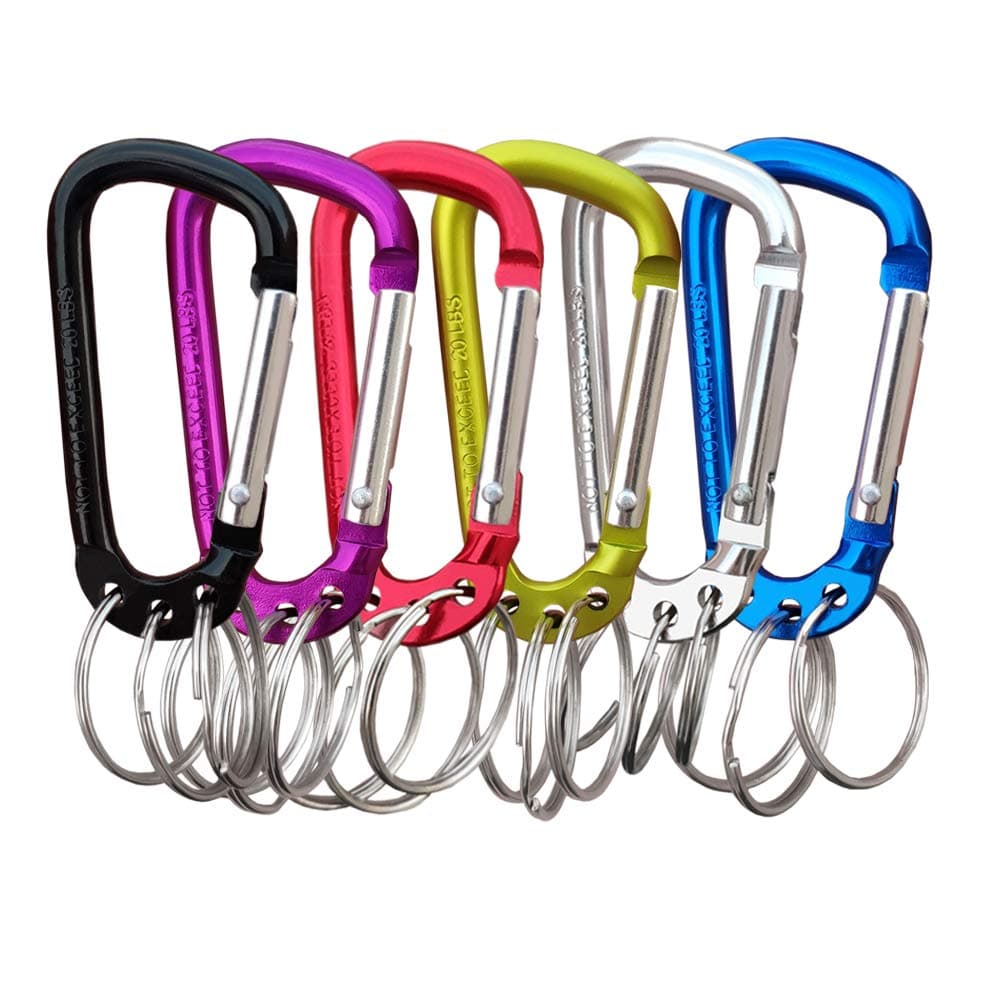 Carabiner Clip Keychain Aluminum Alloy D Shape Multifunction Clip Hook with 3 Key Rings 6 Pack