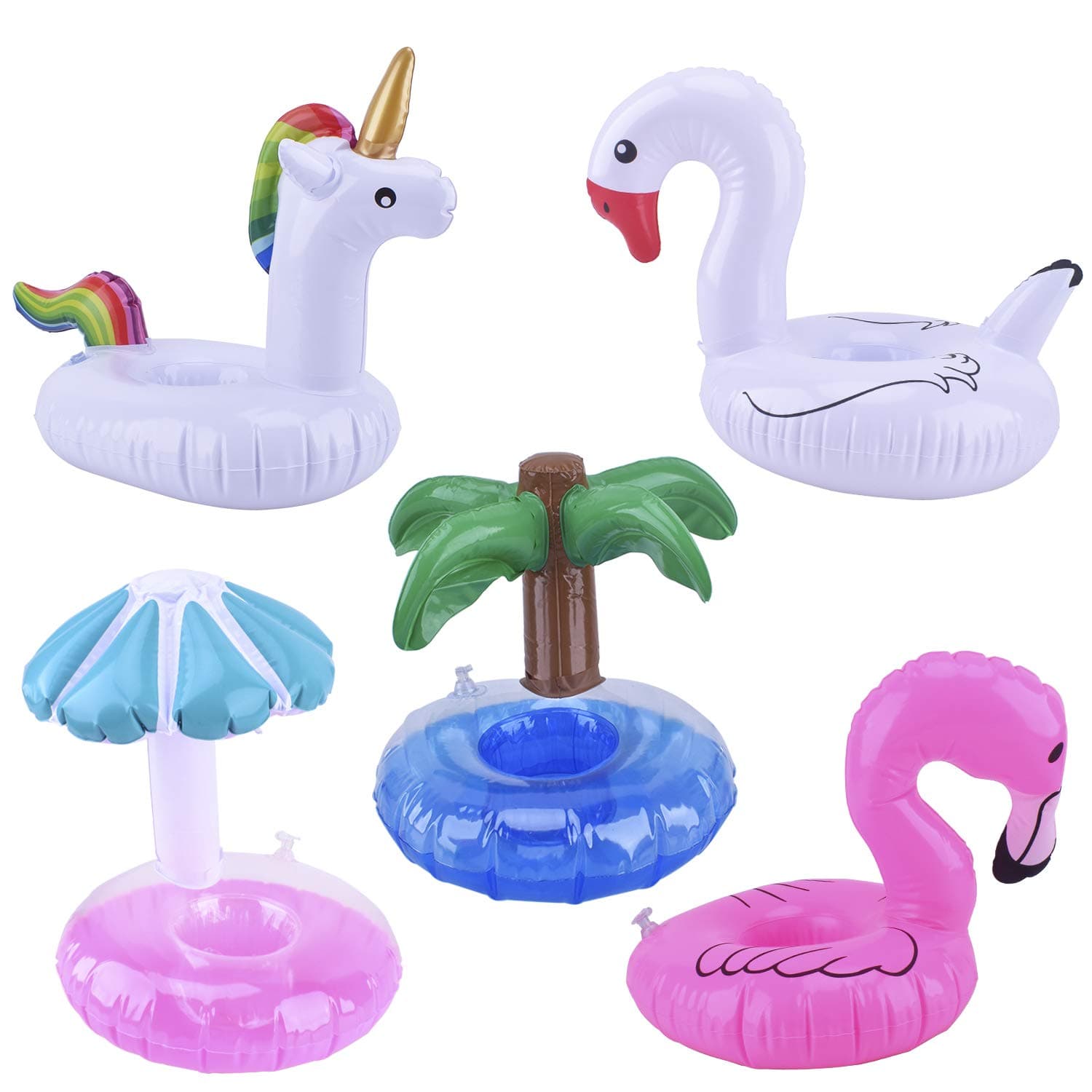 Blovec 5 Pack Inflatable Drink Holders Inflatable Cup Coasters Drink Floats Swimming Drink Holder Unicorn Flamingo Palm Tree Mushroom Swan for Pool Party (Colorful)