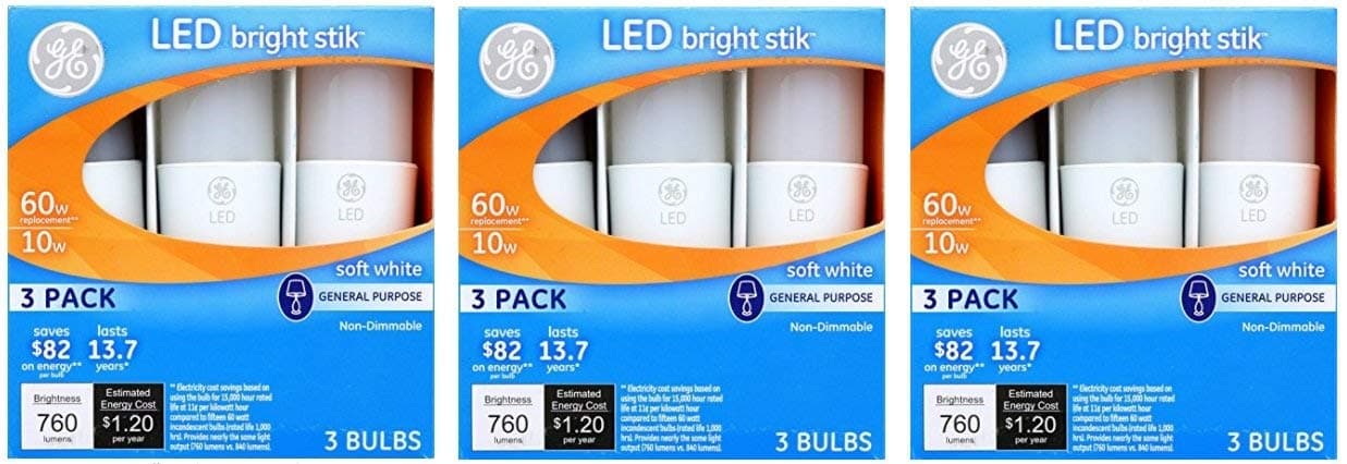 GE Lighting 32282 LED Bright Stik 10-watt (60-Watt Replacement), 760-Lumen Light Bulb with Medium Base, Soft White, 3 Box (9 Bulbs Total)
