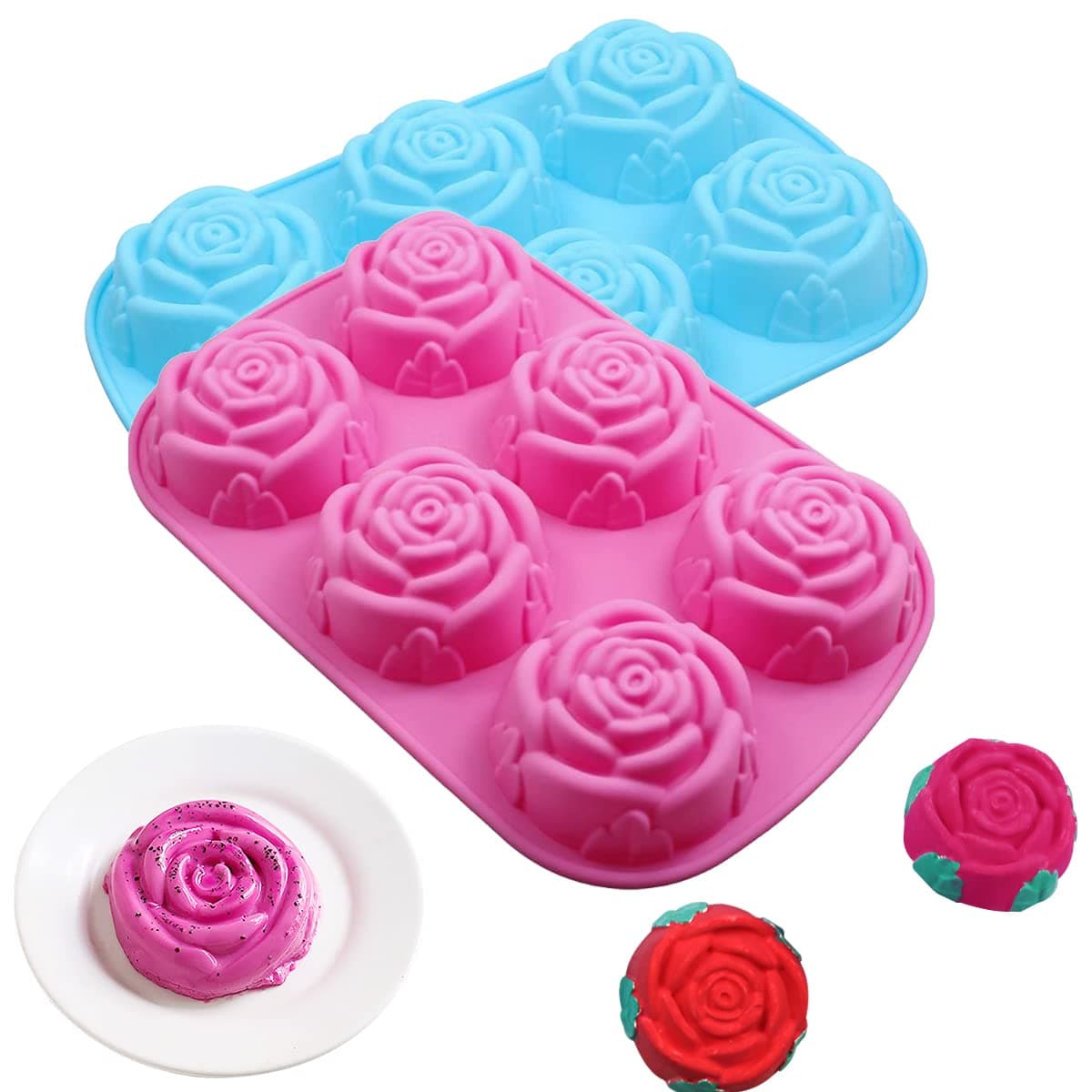 2 Pack Rose Flower Silicone Molds 6-Cavity Non-Stick Chocolate Candy Cake Molds Easy Release Rose Mold for Valentine's Day Chocolate, Fondant, Mousse Cake, Dessert, Jelly, Biscuit（Pink/Blue）