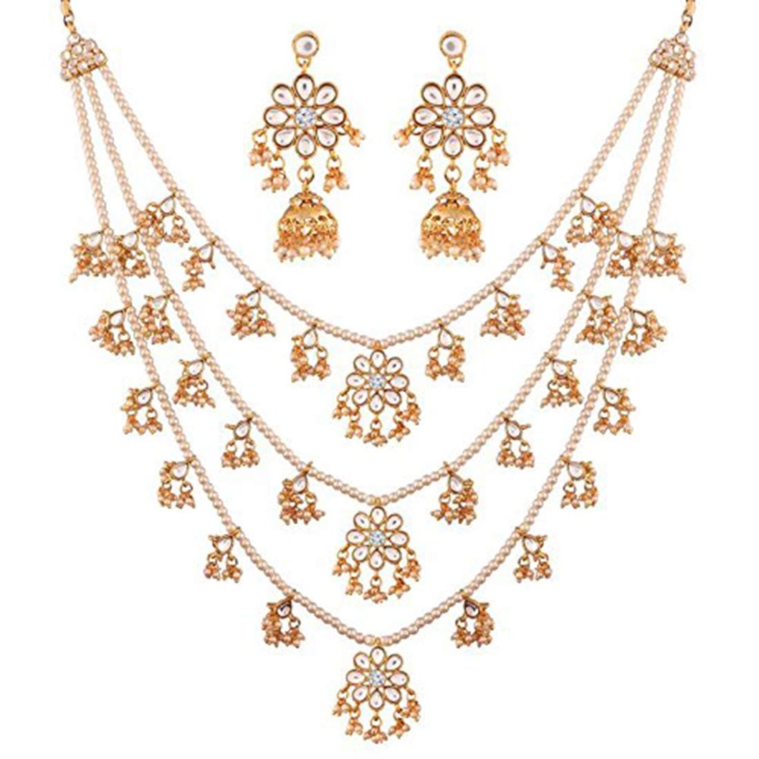 Ethnic Layered Faux Pearl Kundan Necklace Earring Set Indian Traditional Rani Har Wedding Bollywood Bharatanatyam jewellery set Gift for Women
