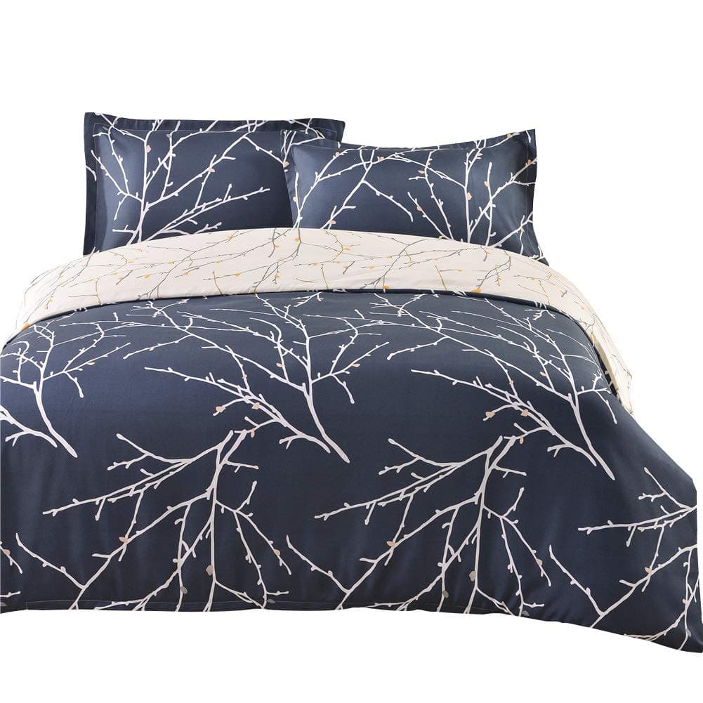 Luofanfei Duvet Cover Set Single Bed Branch and Plum Blue Printed Pattern, 2 Pieces 1 Duvet Cover with Zipper Closure + 1 Pillow Sham 120 GSM Ultra Soft Hypoallergenic Microfiber