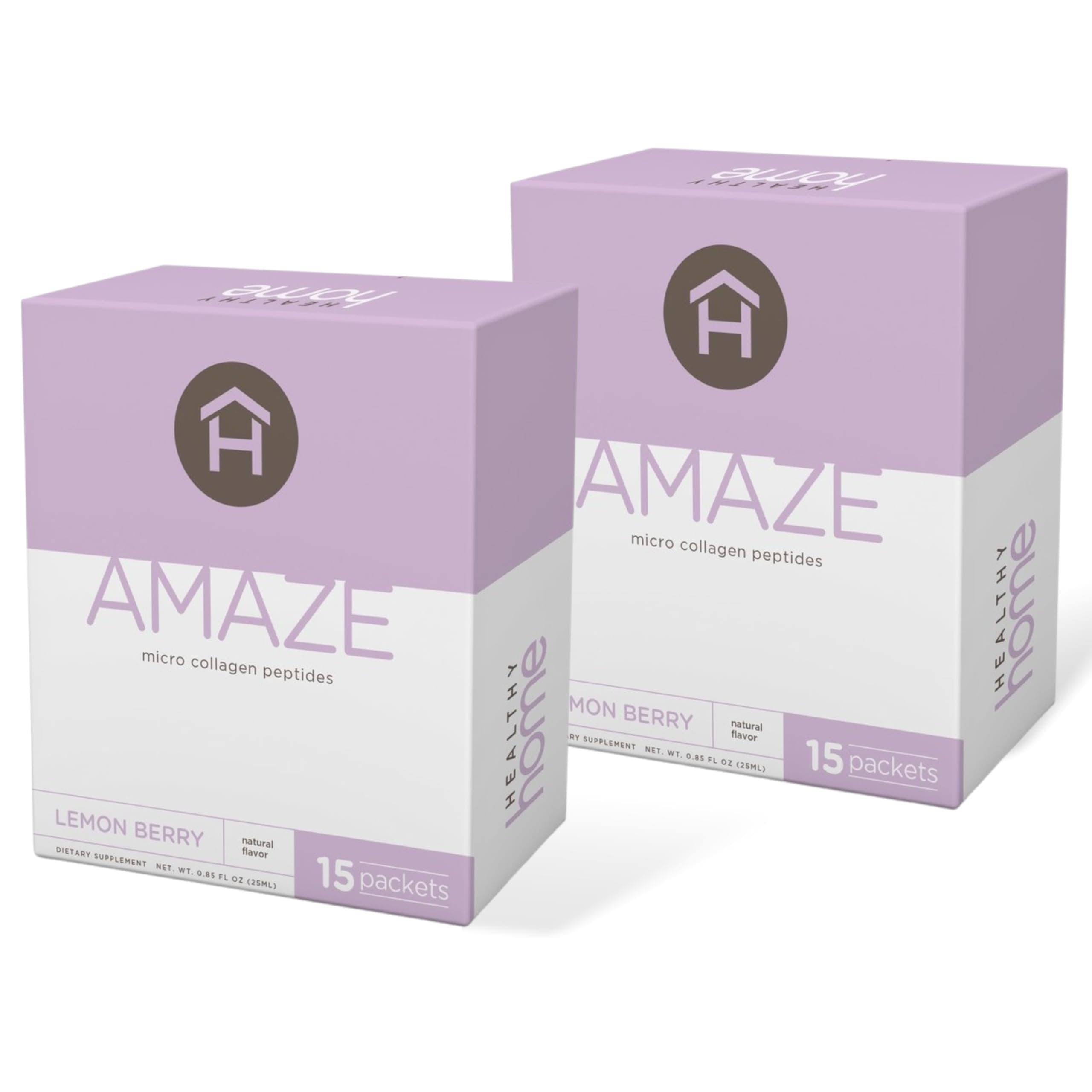 HEALHTY Home Amaze Collage Micro Collagen Peptides - Skin, Hair, Joints - Marine Collagen, Hyaluronic Acid - 15 Servings (Lemon Berry, 2 Boxes)