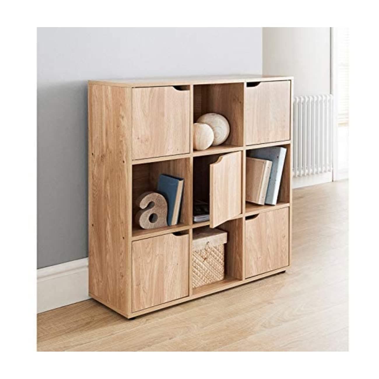 MDF Oak 9-Cube Storage Unit for DVDs, Books or CDs with 5 doors and 4 Open Storage Cubes