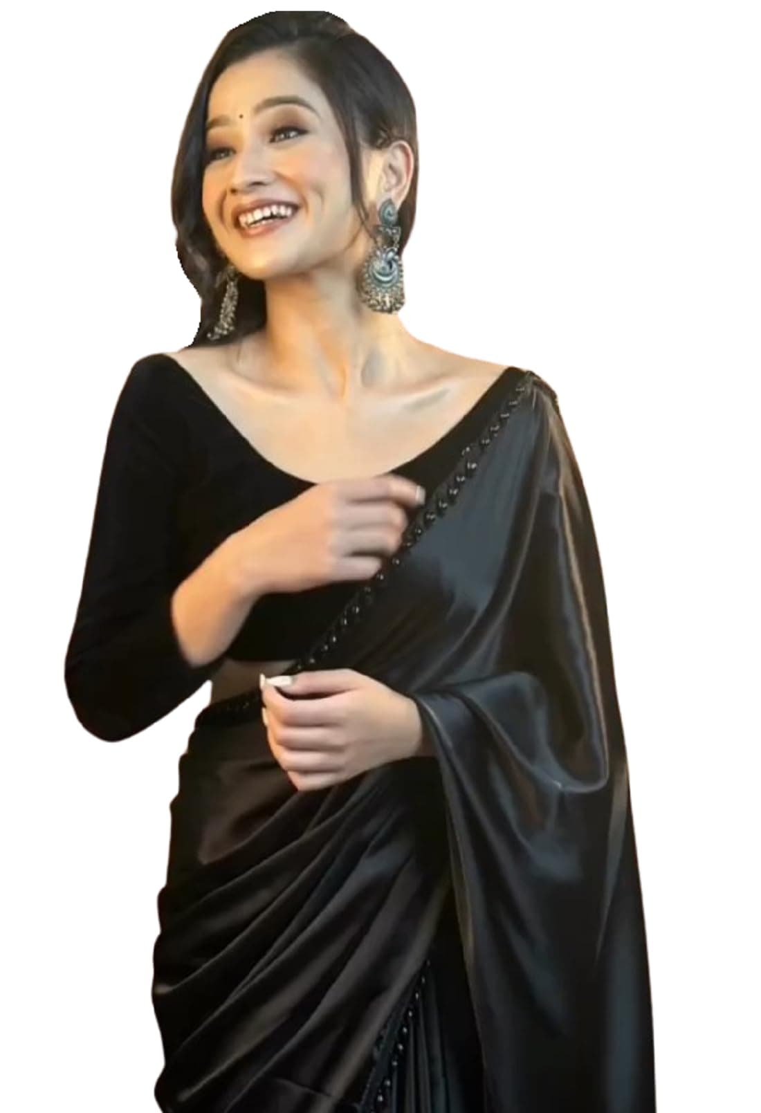 SHOPAZ Women's Ready to Wear Satin Silk 1 Minute Pre Pleated Saree Bollywood With Unstiched Blouse (Black), Black, One size