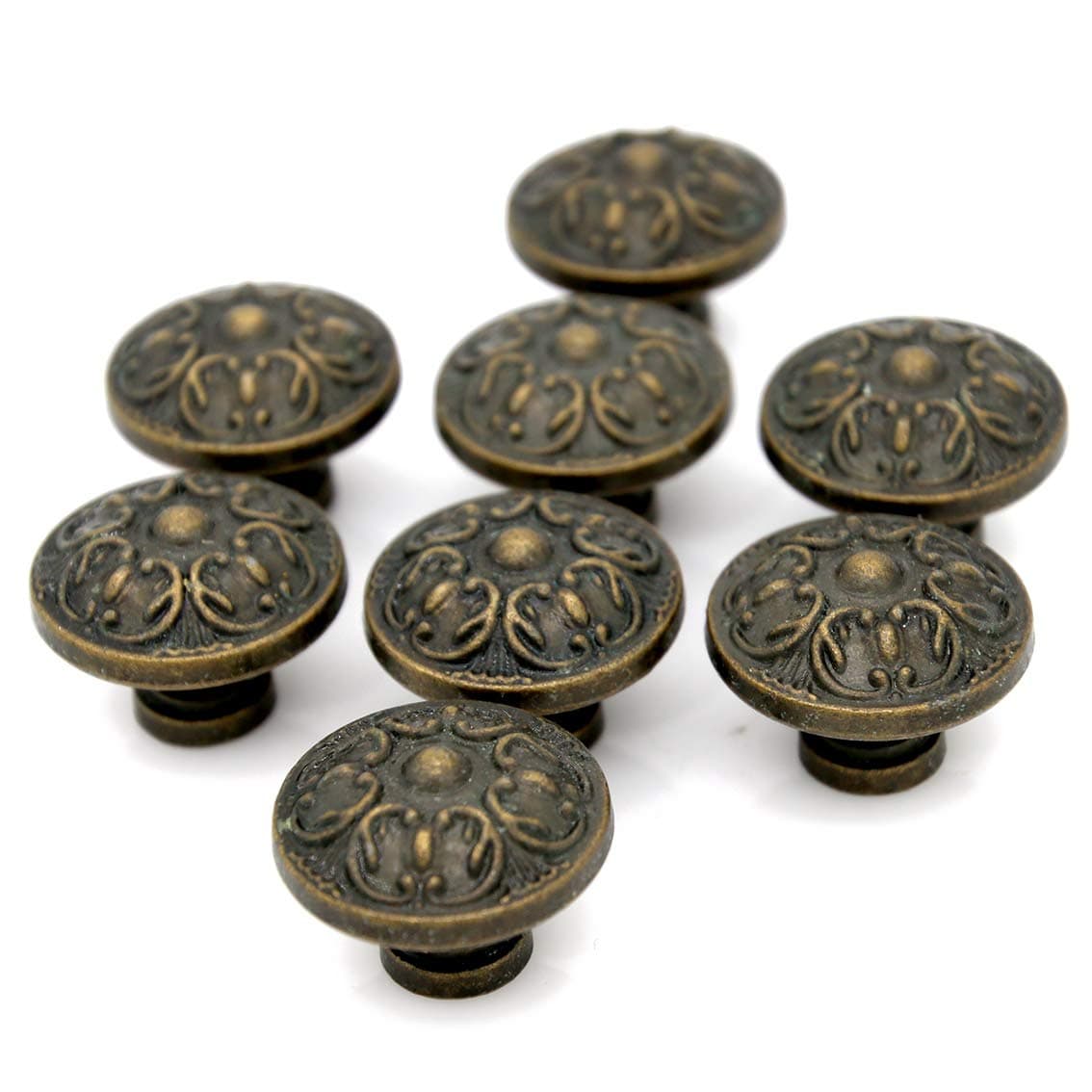 LXZ 8 PCs Vintage Antique Bronze Knob Handles - Drawer Knob Pulls with Embossing, Diameter 1.1-in (29 mm) Height 0.9-in (22 mm)