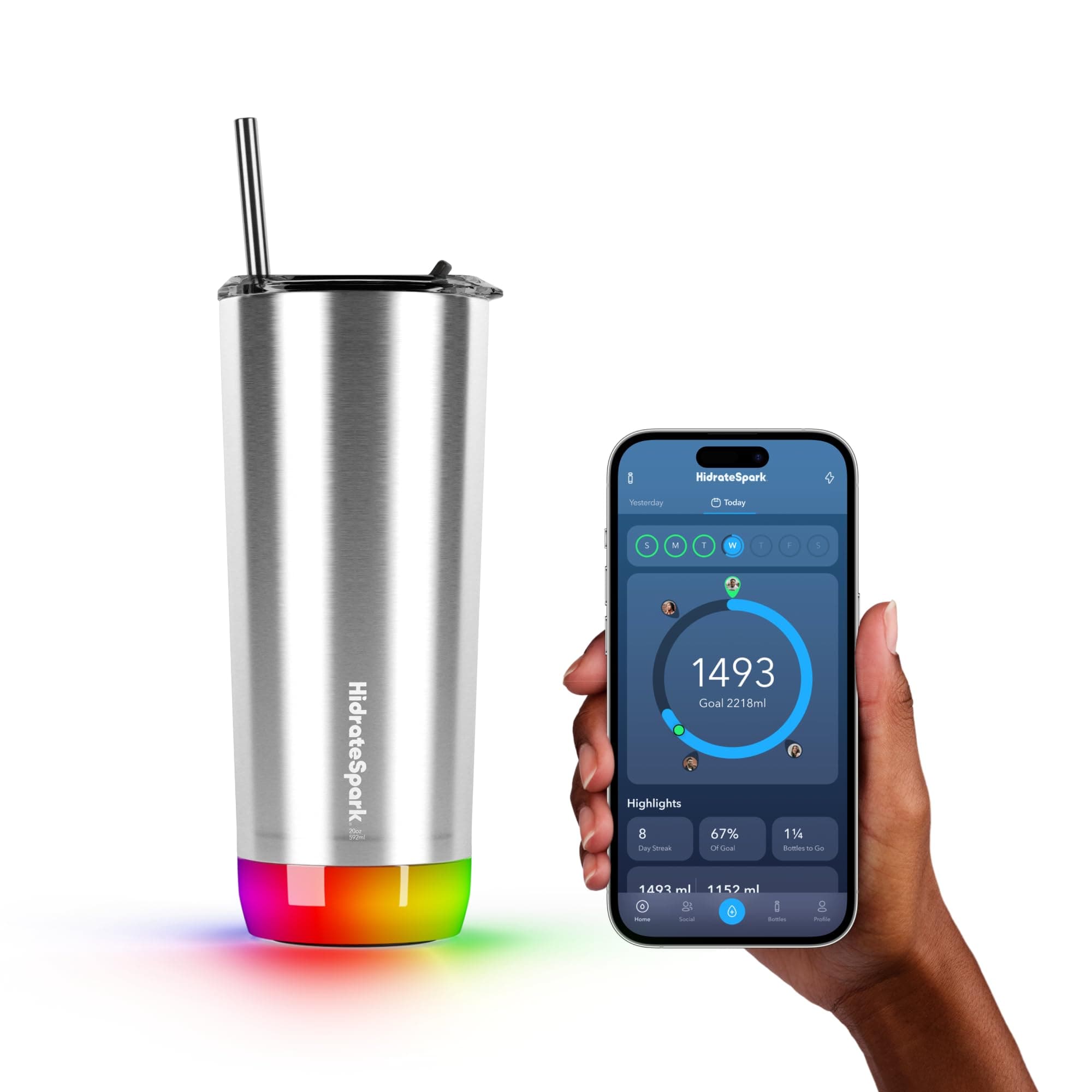 HidrateSpark PRO 20oz Insulated Stainless Steel Bluetooth Smart Tumbler, Brushed Stainless Steel