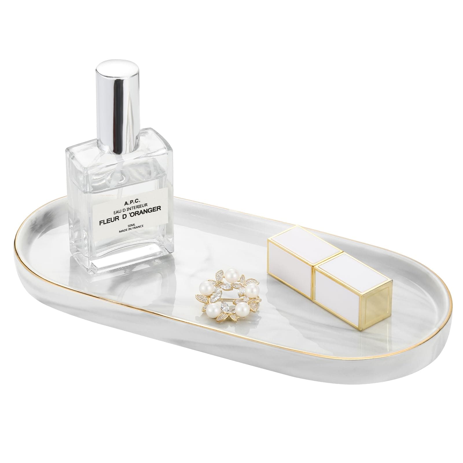 Luxspire Bathroom Vanity Tray, Marble Ceramic Dresser Jewelry Dish with Golden Rim, Decorative Tray Countertop Sink Storage Holder Organizer for Soap Candles Perfume Comestic Home Decor, Marble White