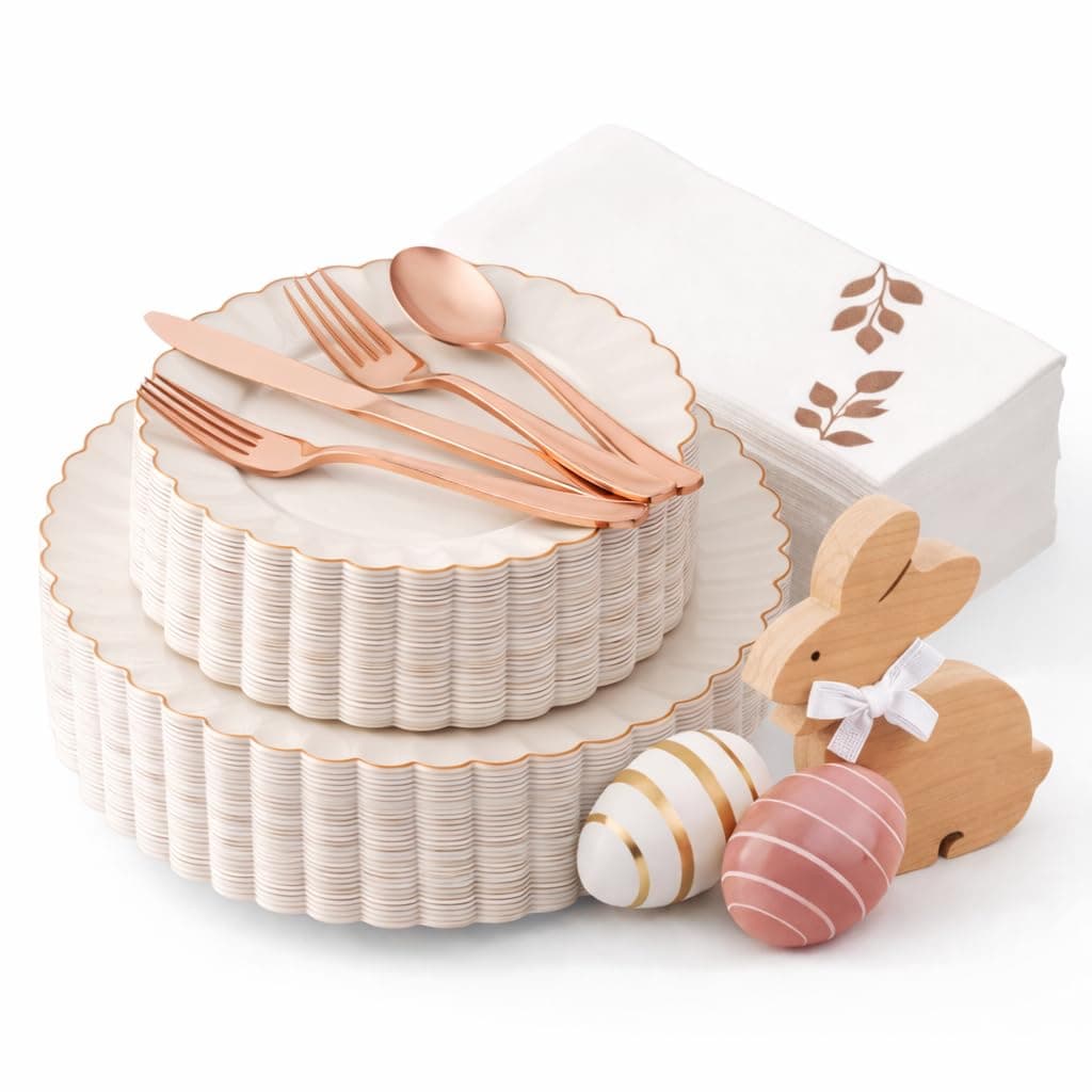 By Madee HEAVYWEIGHT 175Pc Easter Plates and Napkins Disposable | Fancy Disposable Dinnerware Set Ivory and Scalloped Plates with Rose God Trim, Cutlery & Linen-Feel Napkins (25 Guests)