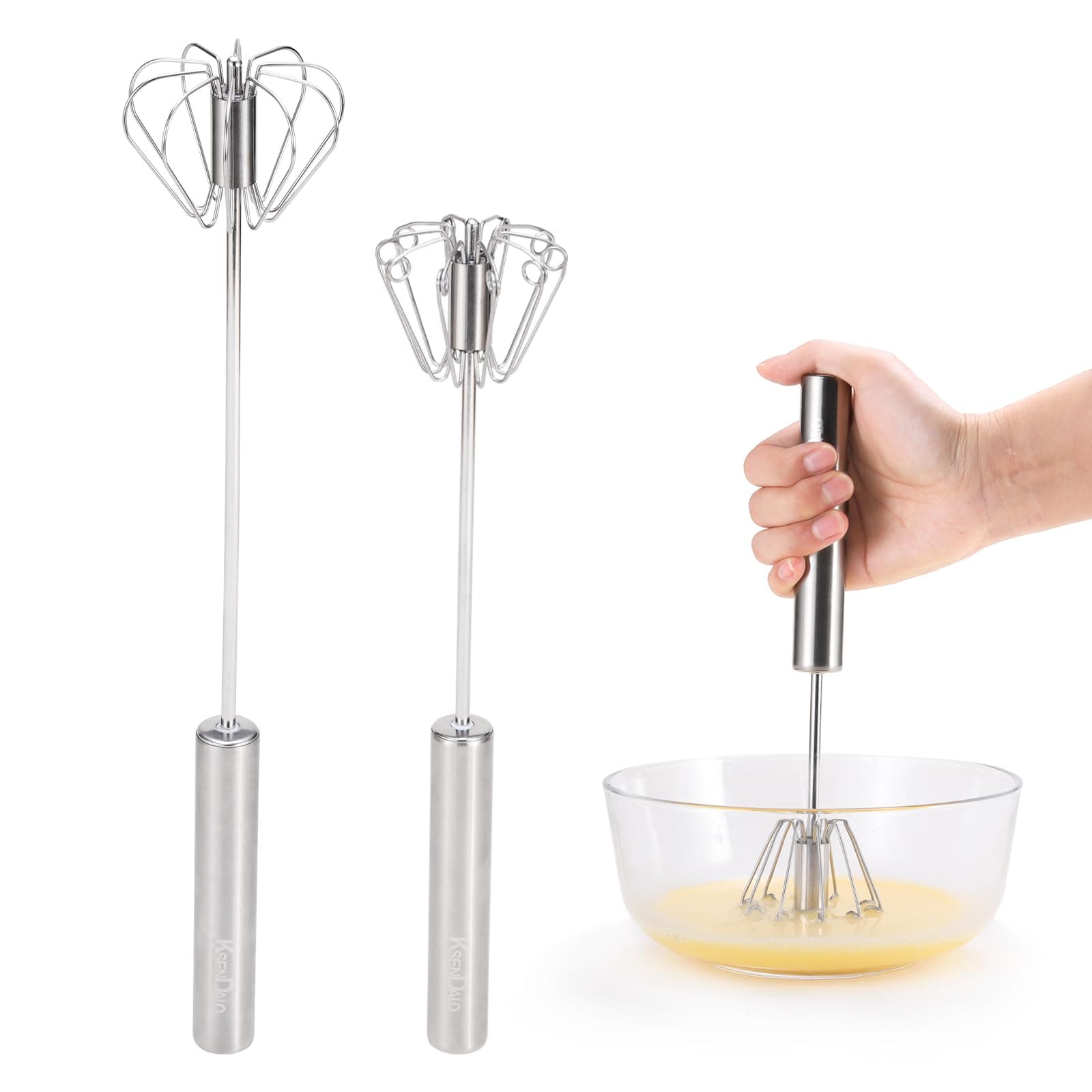 KSENDALO SUS304 Stainless Steel Whisk & Beater Set - Manual & Automatic Handheld Easy Semi-Auto Mixer for Cooking - 12 & 14inch Frother Spinner, Mixer & Stirrer for Eggs, Hand, and Milk