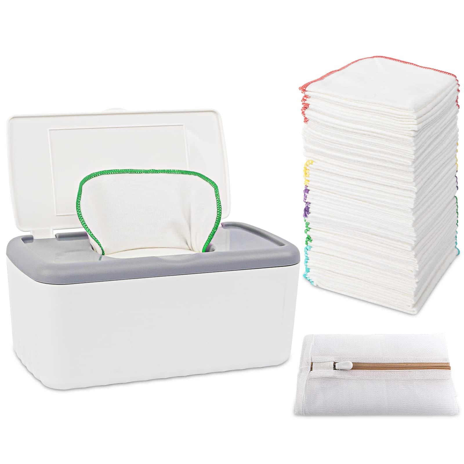 54 Packs Flannel Cloth Baby Wipes with Dispenser, Reusable Natural Skin-Friendly Baby Wipes, Body Face Hand Washcloth Essential for Cloth Diapers 8x8 inch